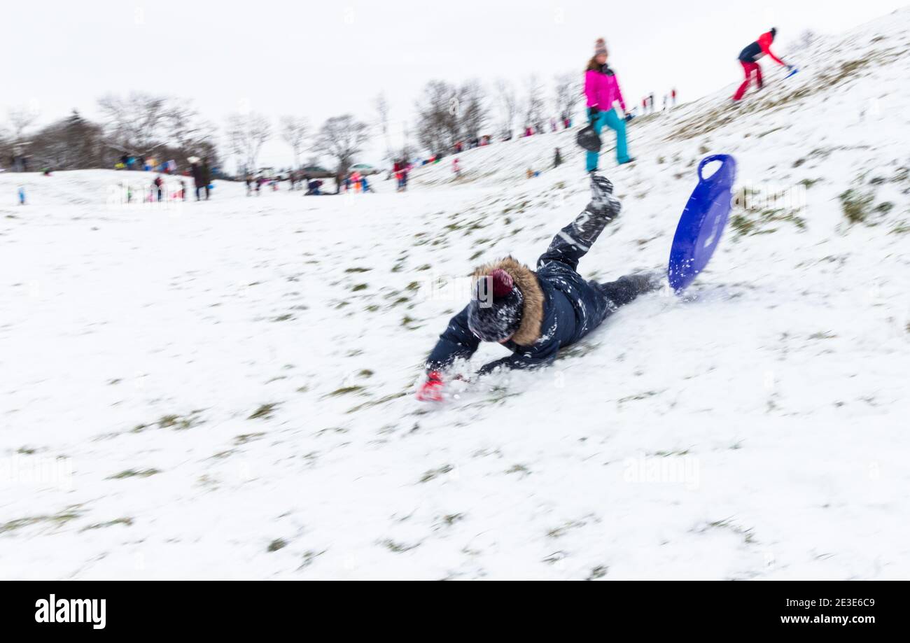 Bambino che cade mentre slitta sul sito dell'antico Anfiteatro in inverno su Becsi-domb, Sopron, Ungheria Foto Stock