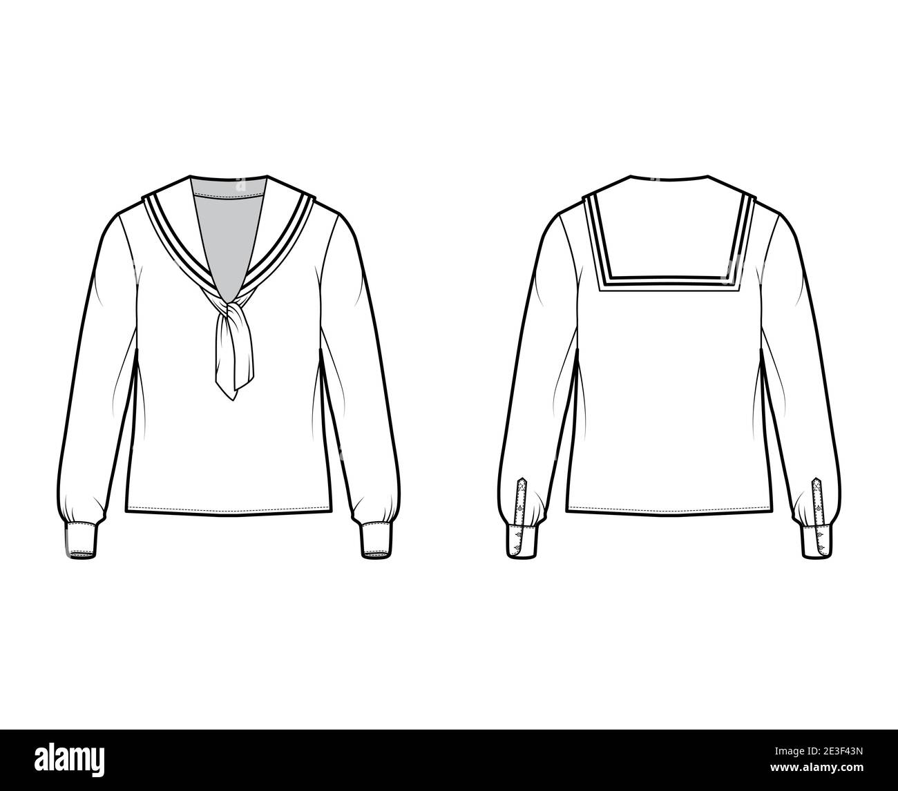 Camicia midy marinaio tuta tecnica moda illustrazione con prua, gomito piega maniche lunghe con polsino, lunghezza tunica. Blusa piatta con mascherina di colore bianco, anteriore e posteriore. Donne uomini Unisex CAD mockup Illustrazione Vettoriale
