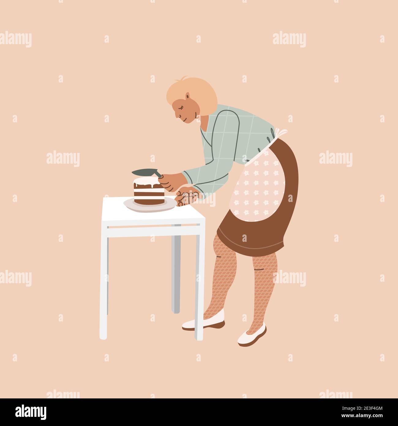 La ragazza prepara una torta. Avvio della produzione di hobby e torte. Immagine piatta vettoriale del carattere di trend. Concetto di produzione dolciaria a casa. Illustrazione Vettoriale