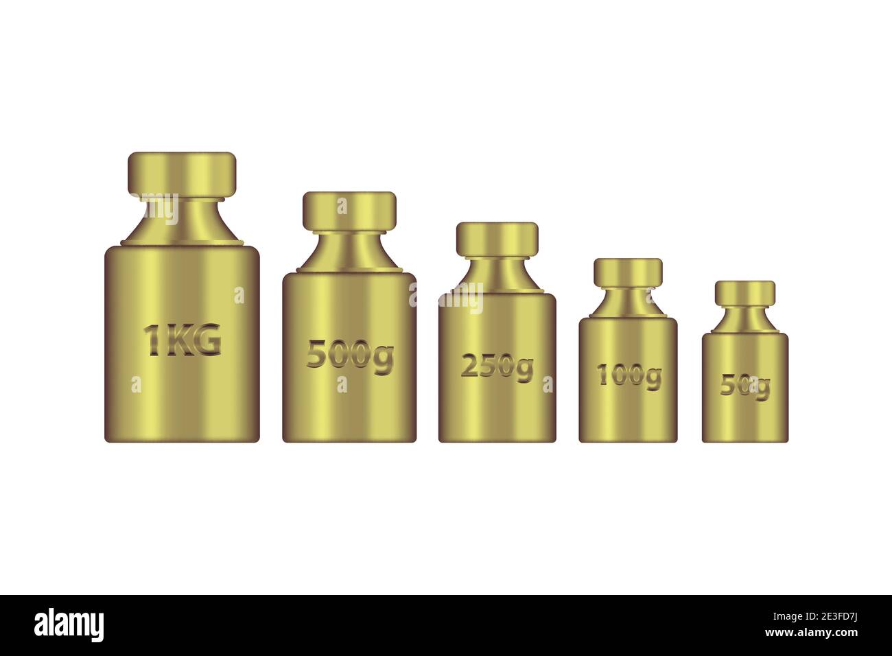 Kg peso massa oro metallo realistico insieme vettoriale. Vecchia collezione di presse dal design realistico. Cromatura dorata plummet isolato su sfondo bianco. Peso Illustrazione Vettoriale