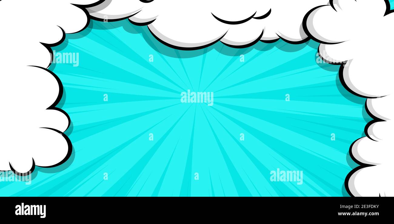 Fumetto fumetto fumetto bolla di discorso per il testo. Fumetto puff sfondo blu nuvola per il modello di testo. Pop art dialogo conversazione divertente fumo vapore. Fumetti Illustrazione Vettoriale