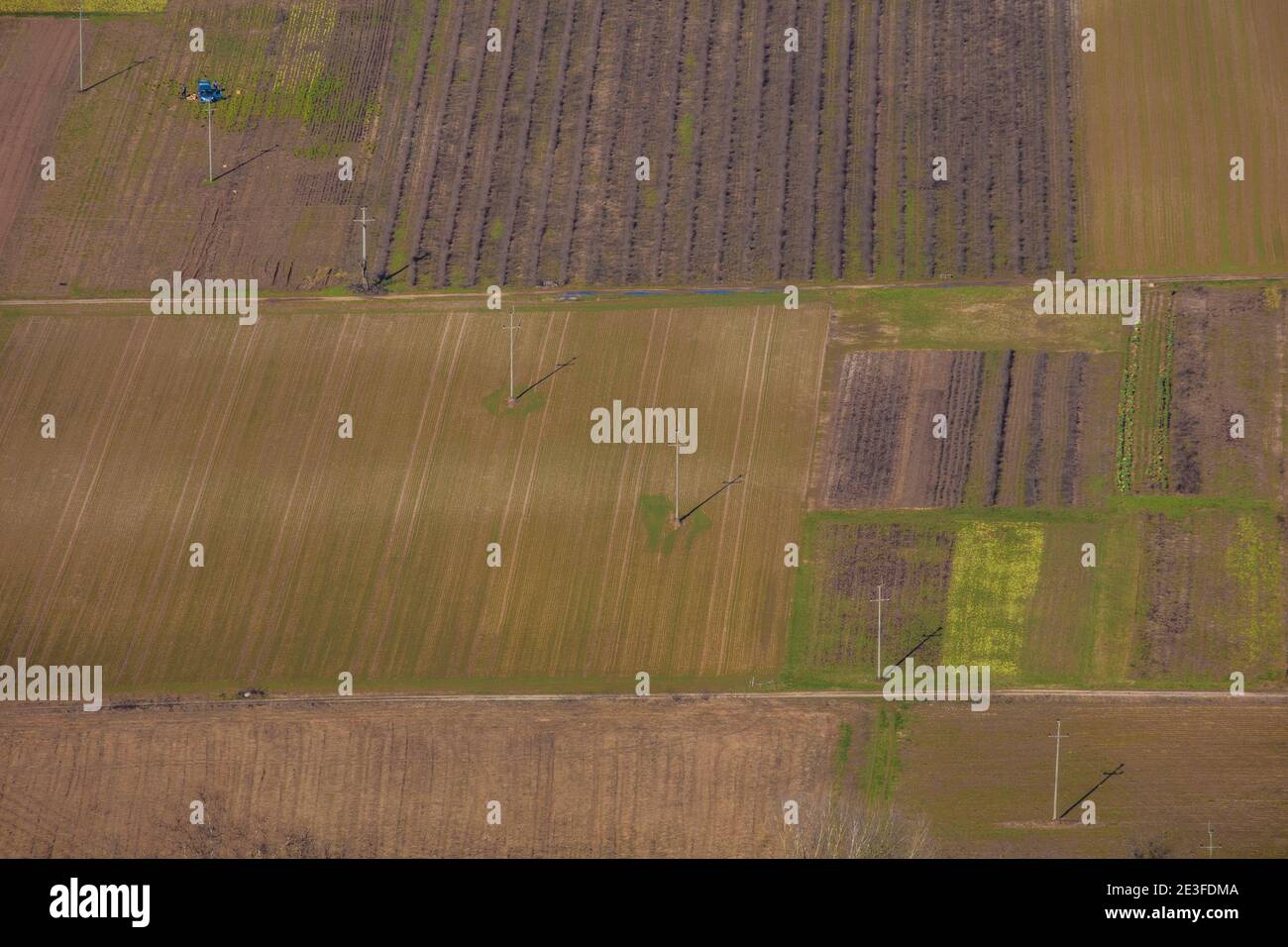 Foto aerea di Cerje. Terreno che si accende dopo breve inverno. Pattern geometrico su terreno elaborato Foto Stock