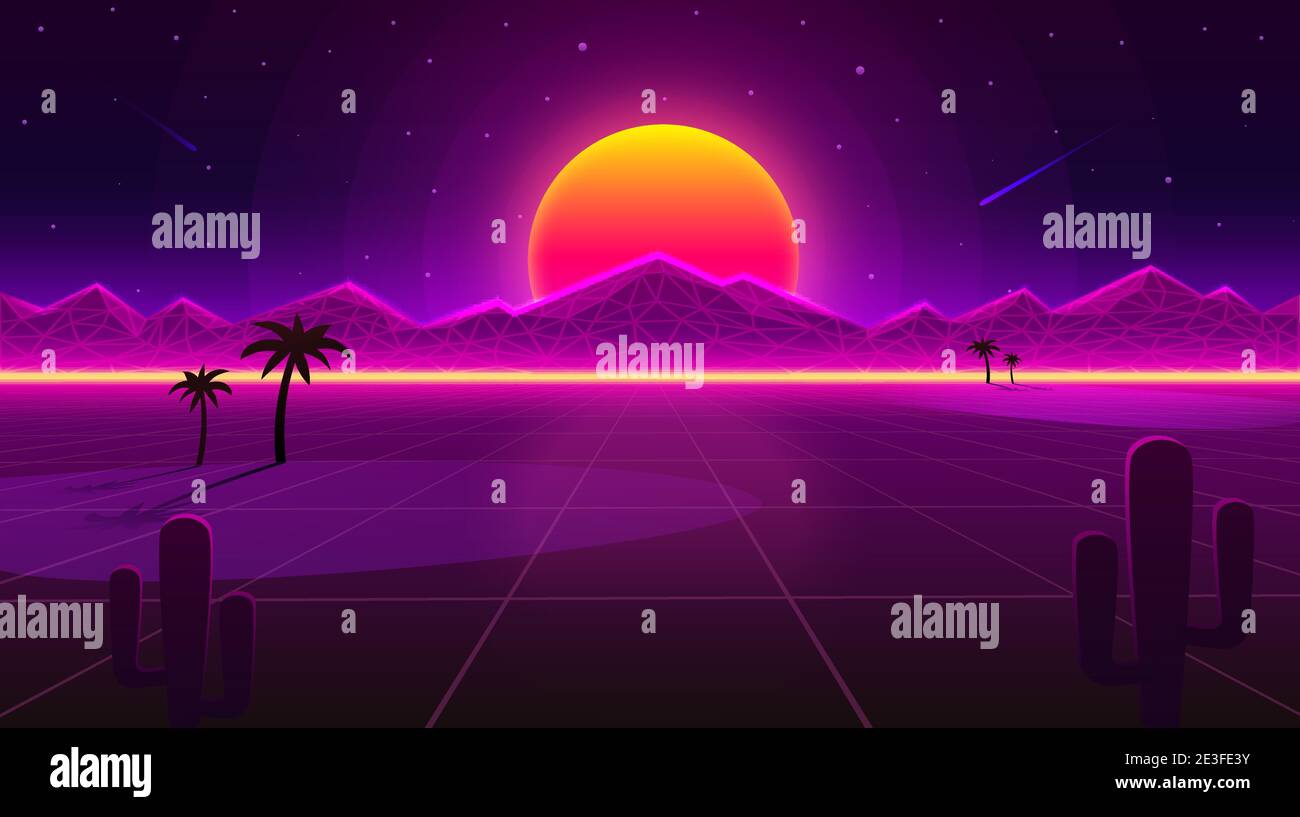 Retro onda copertura al neon deserto con oasi e palme. Natura sfondo. Illustrazione vettoriale Illustrazione Vettoriale