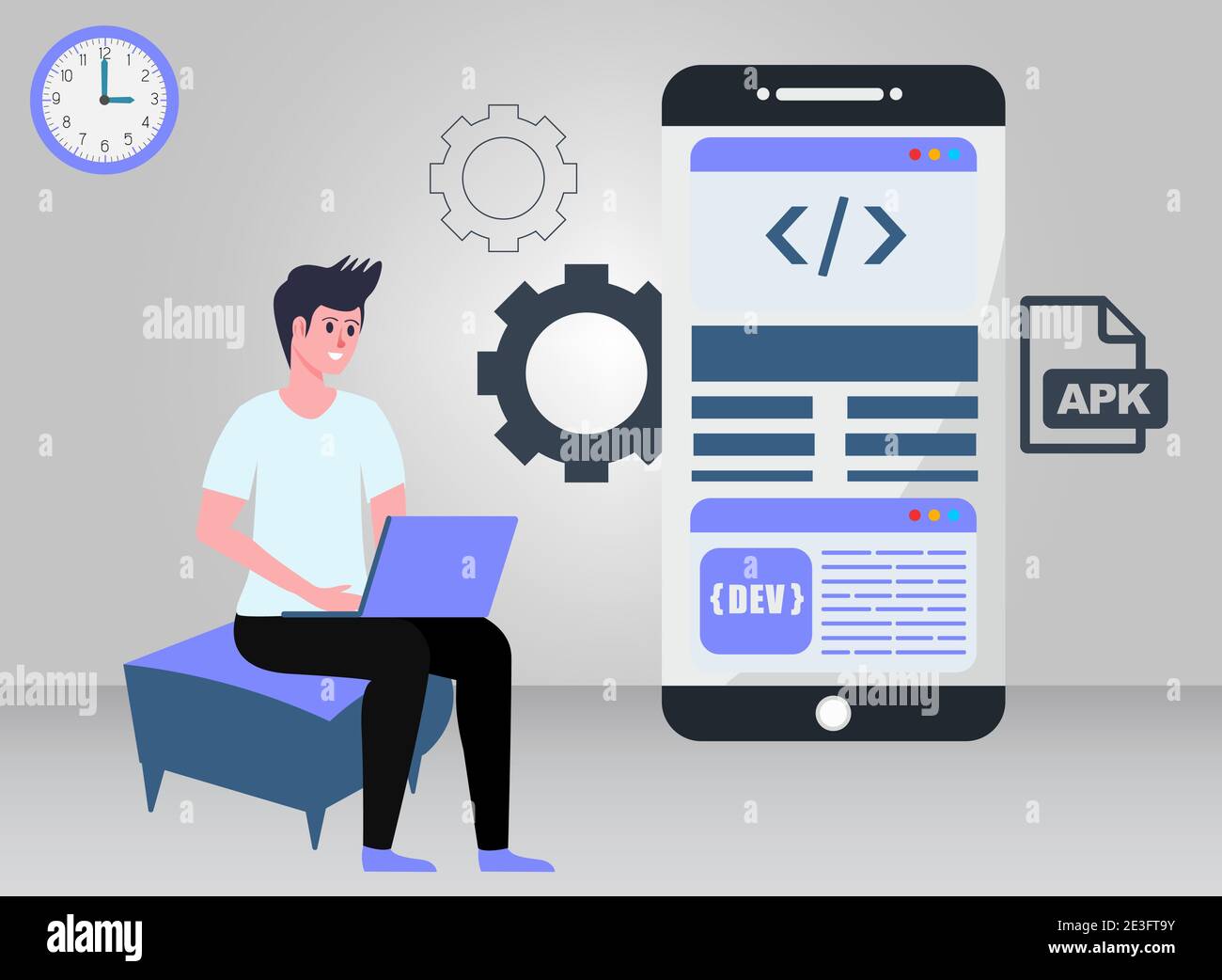 L'illustrazione del concetto di sviluppo delle app con l'uomo usa un laptop Illustrazione Vettoriale