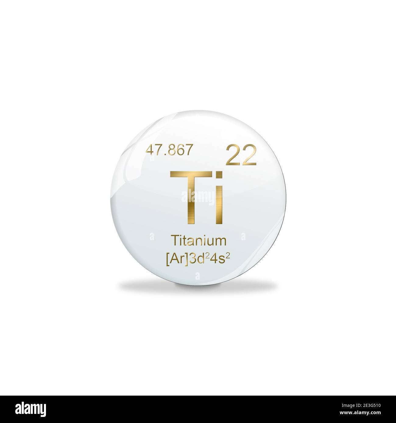 Illustrazione 3D, simbolo in titanio - ti. Elemento del tavolo periodico su pallina bianca con segni dorati. Sfondo bianco Foto Stock