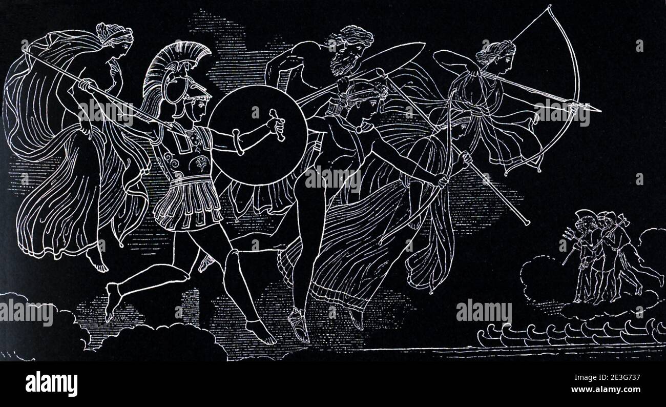 Questa scena è uno dei numerosi disegni che lo scultore e disegnatore inglese John Flaxman (1755–1826) fece per illustrare i passaggi dell'epico poeta greco Omero, Iliade e Odyssey, una commissione che gli era stata data da Georgiana Hare-Naylor mentre viveva a Roma. Rappresenta gli dei che discendono a combattere. È stato fatto 1793. Foto Stock