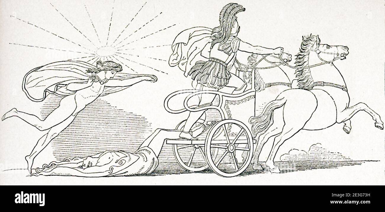 Questa scena è uno dei numerosi disegni che lo scultore e disegnatore inglese John Flaxman (1755–1826) fece per illustrare i passaggi dell'epico poeta greco Omero, Iliade e Odyssey, una commissione che gli era stata data da Georgiana Hare-Naylor mentre viveva a Roma. Rappresenta il corpo di Hector trascinato sul carro di Achille. È stato fatto 1793. Foto Stock