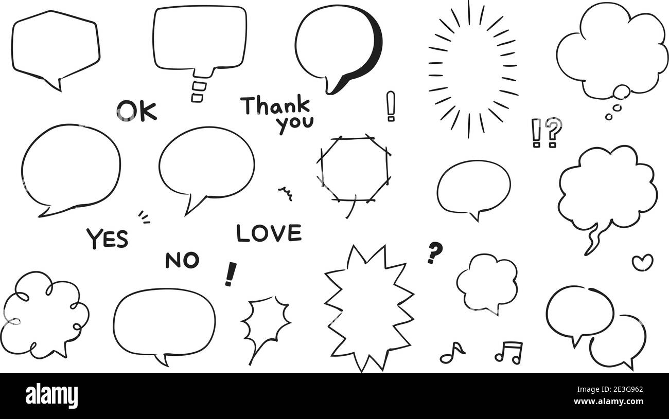Set di bolle vocali con messaggi brevi. Illustrazione vettoriale di un libro nero e fumetto. Illustrazione Vettoriale