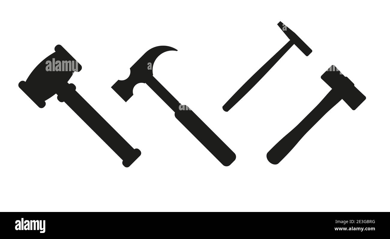 Set vettoriale silhouette martello. Diversi martelli per vari scopi.  Giudice gavel, gavel asta, martello carpentiere, calzolaio e martello  Immagine e Vettoriale - Alamy