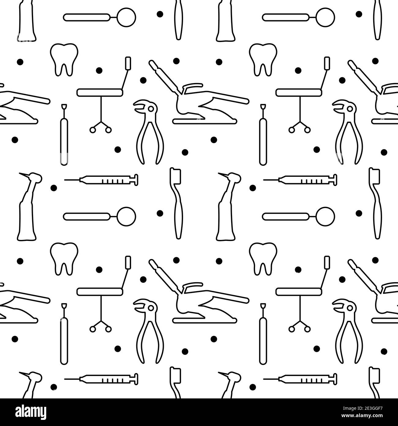 Cura dentale, Ortodonzia modello senza giunture con icone di linea. Dentista, attrezzatura medica, bretelle, protesi dentaria, Floss, trattamento carie, dentifricio. Illustrazione Vettoriale