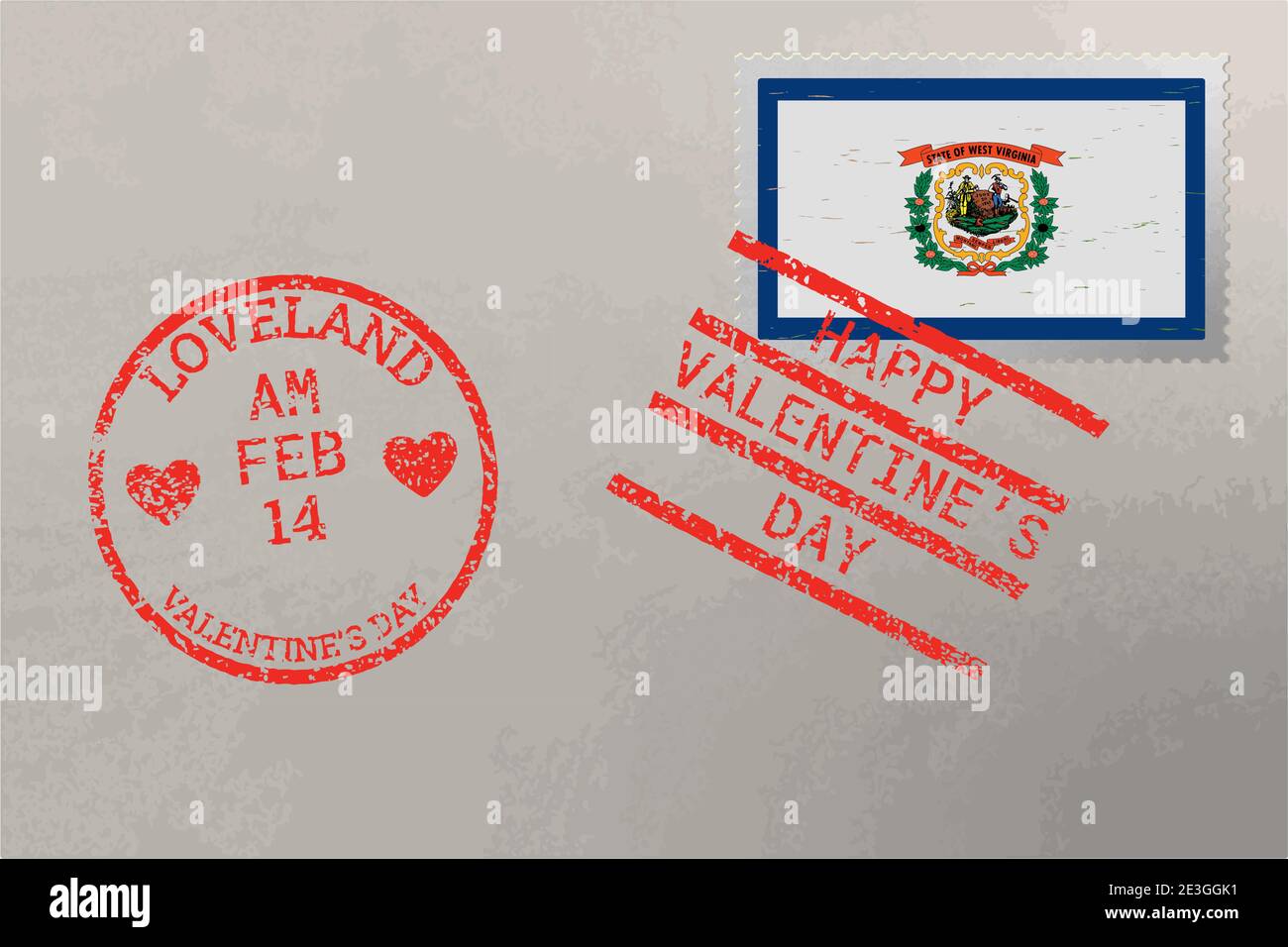 Busta con francobollo con bandiera degli Stati Uniti della Virginia occidentale e francobolli del giorno di San Valentino, vettore Illustrazione Vettoriale