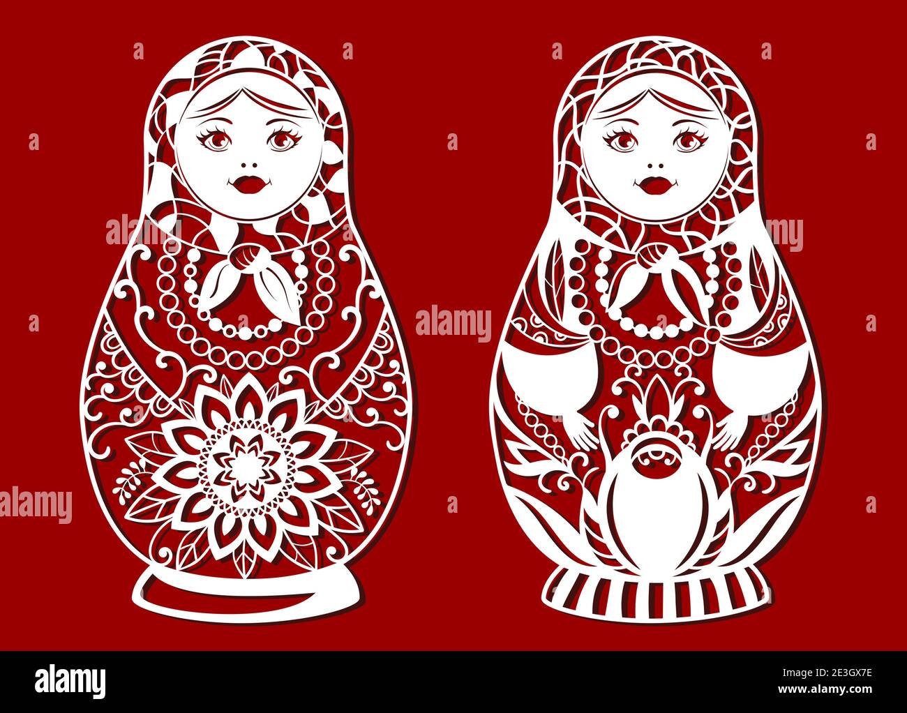 Matryoshka su sfondo rosso per il taglio laser. Simbolo popolare russo. Illustrazione vettoriale. Illustrazione Vettoriale