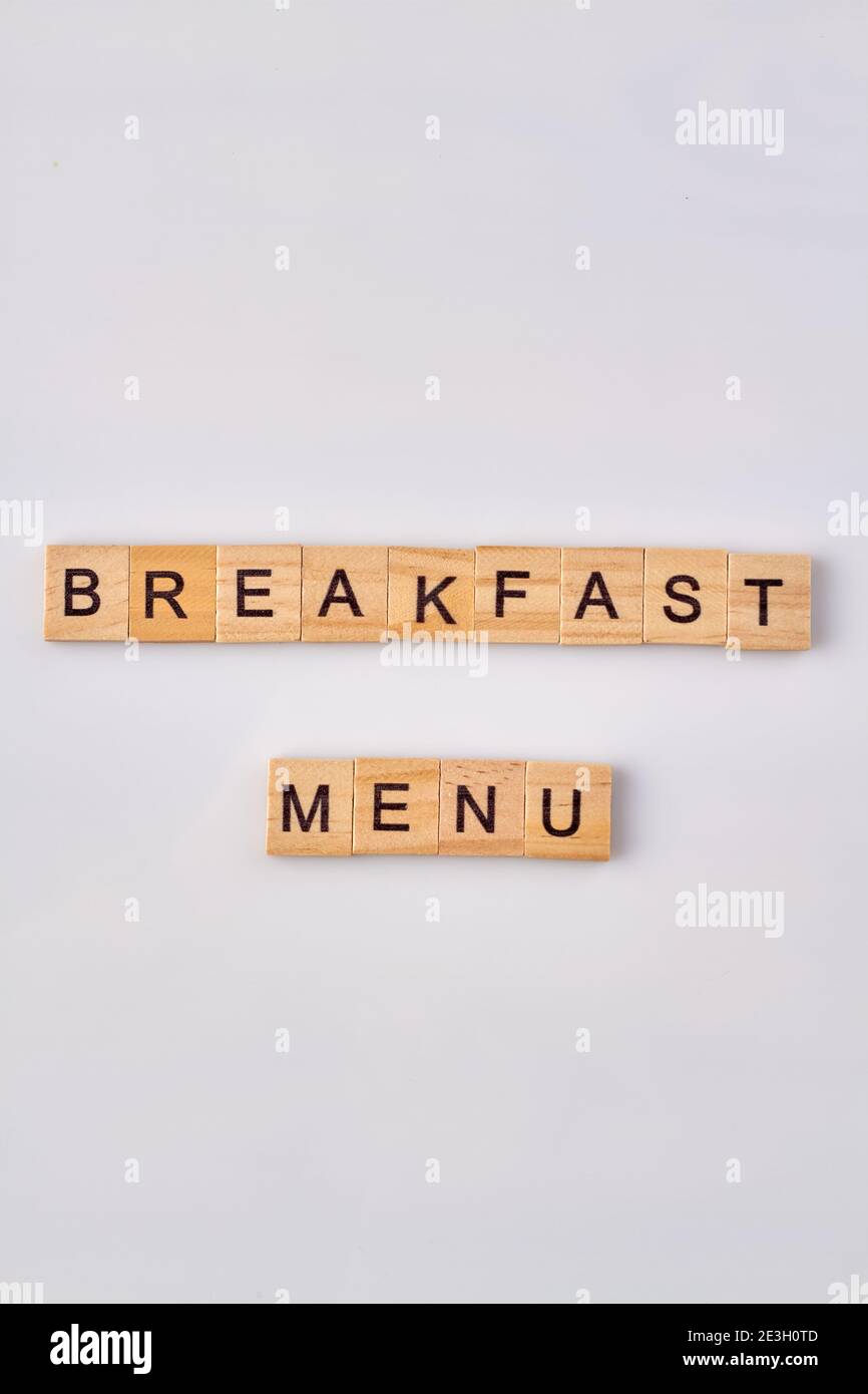 Colazione menu blocchi di legno. Foto Stock