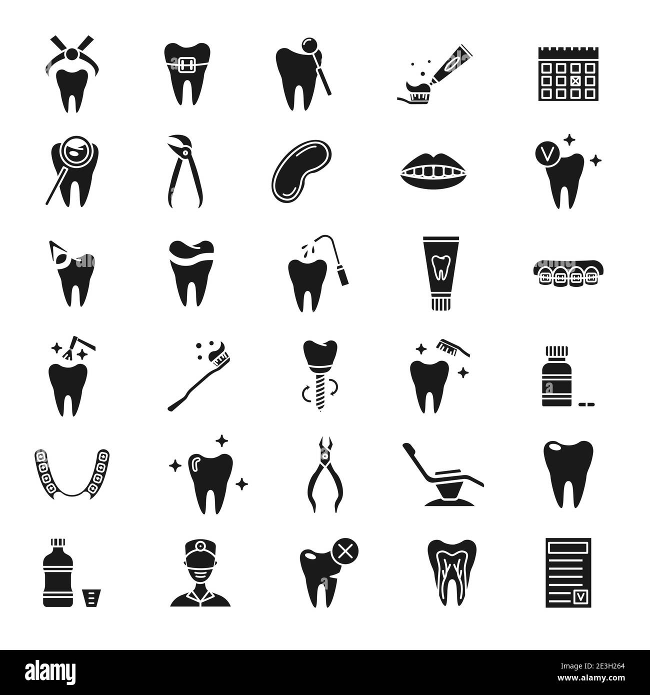 Set di semplici icone odontoiatriche. Elementi vettoriali dentali piatti. Illustrazione Vettoriale