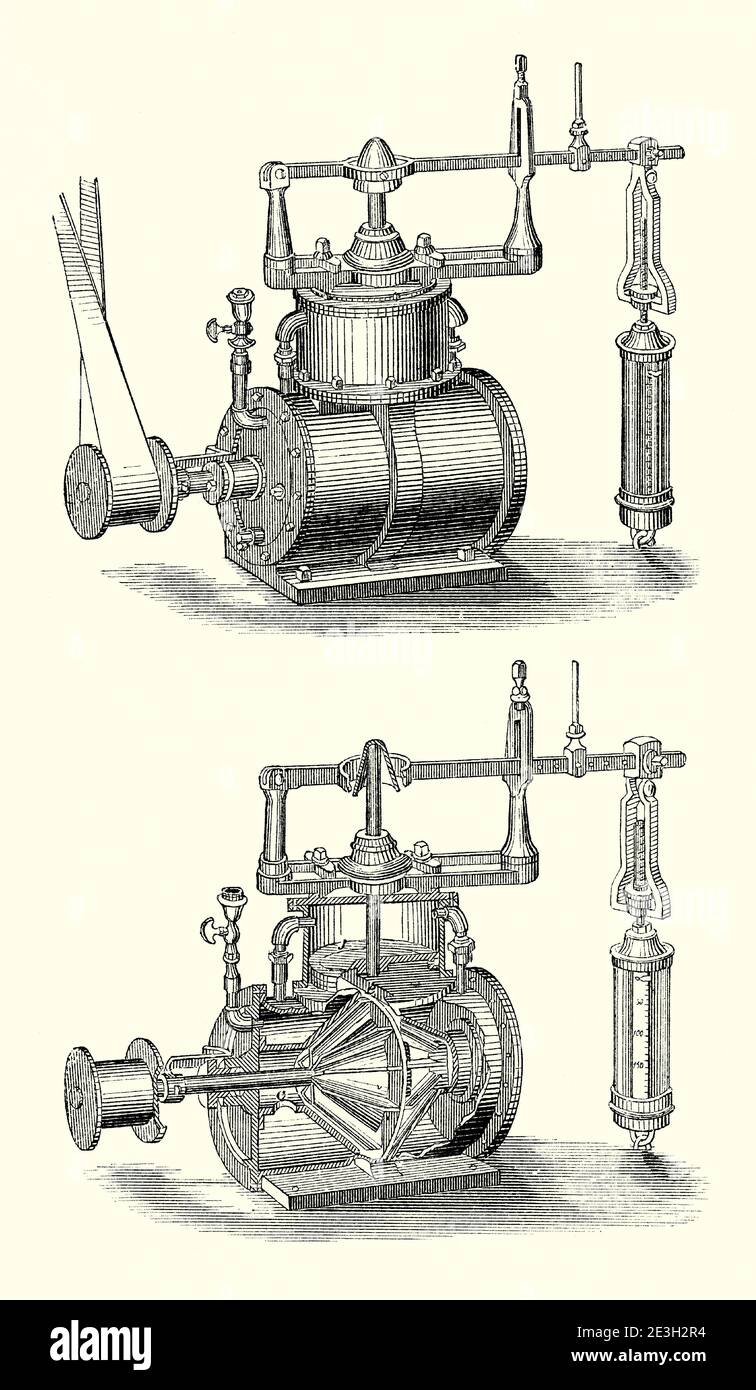 Una vecchia incisione del governatore marino di Duff – la sezione in basso mostra il suo funzionamento. E 'da un libro di ingegneria meccanica vittoriana del 1880. Un regolatore, o limitatore di velocità o centralina, è un dispositivo utilizzato per misurare e regolare la velocità di una macchina, come un motore. Spesso un regolatore centrifugo userà l'effetto della forza inerziale sui pesi rotanti per regolare la sua velocità modificando il flusso di ingresso del vapore. La versione di Duff opera con la forza di una pompa centrifuga in un recipiente di olio. È presente un bilanciamento della molla e un arresto sopra il regolatore. Foto Stock