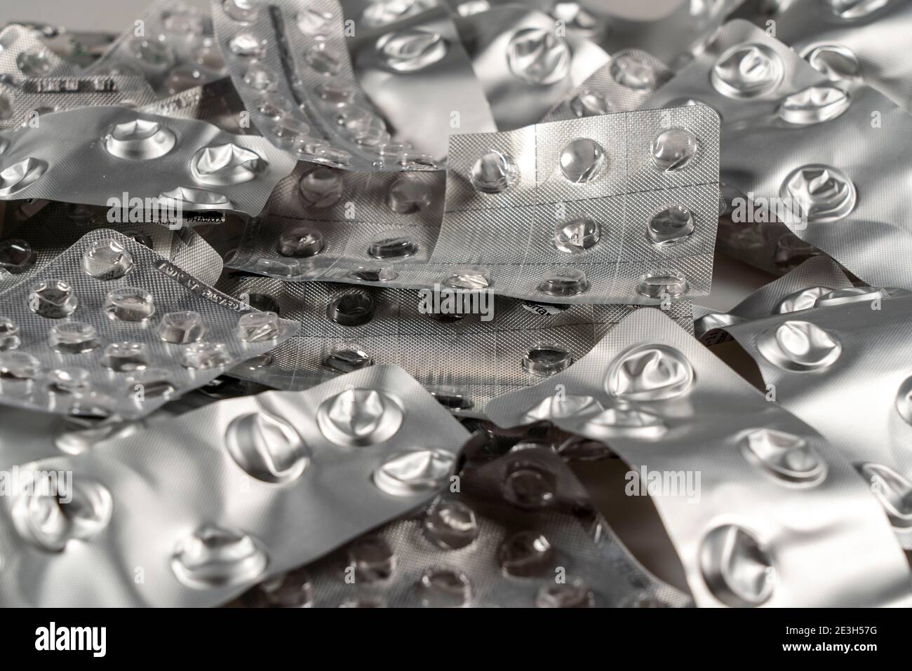 Vuoto, imballaggio della medicina usata, pillole, compresse, Foto Stock