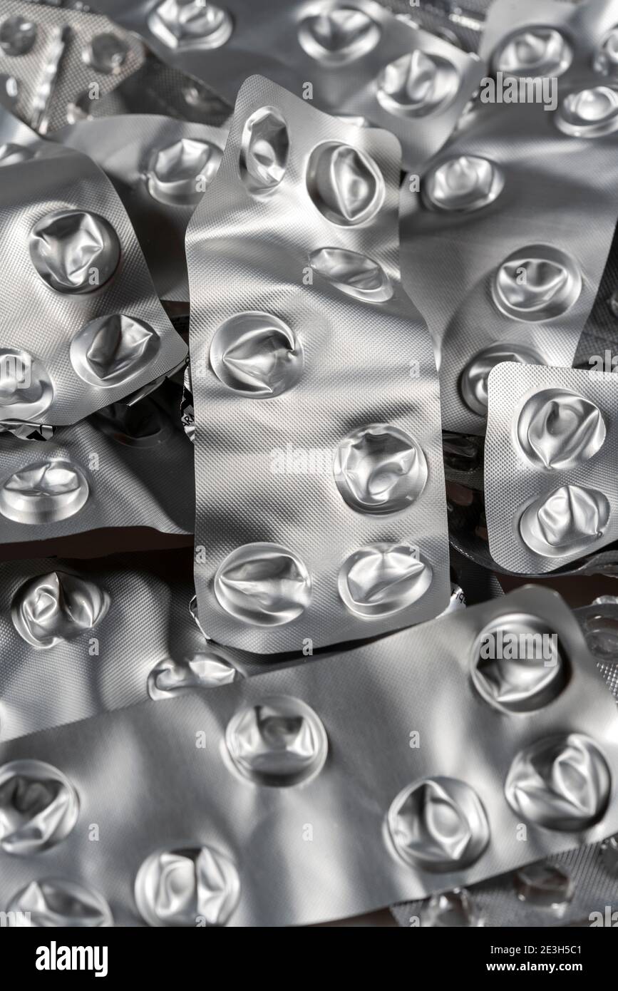 Vuoto, imballaggio della medicina usata, pillole, compresse, Foto Stock