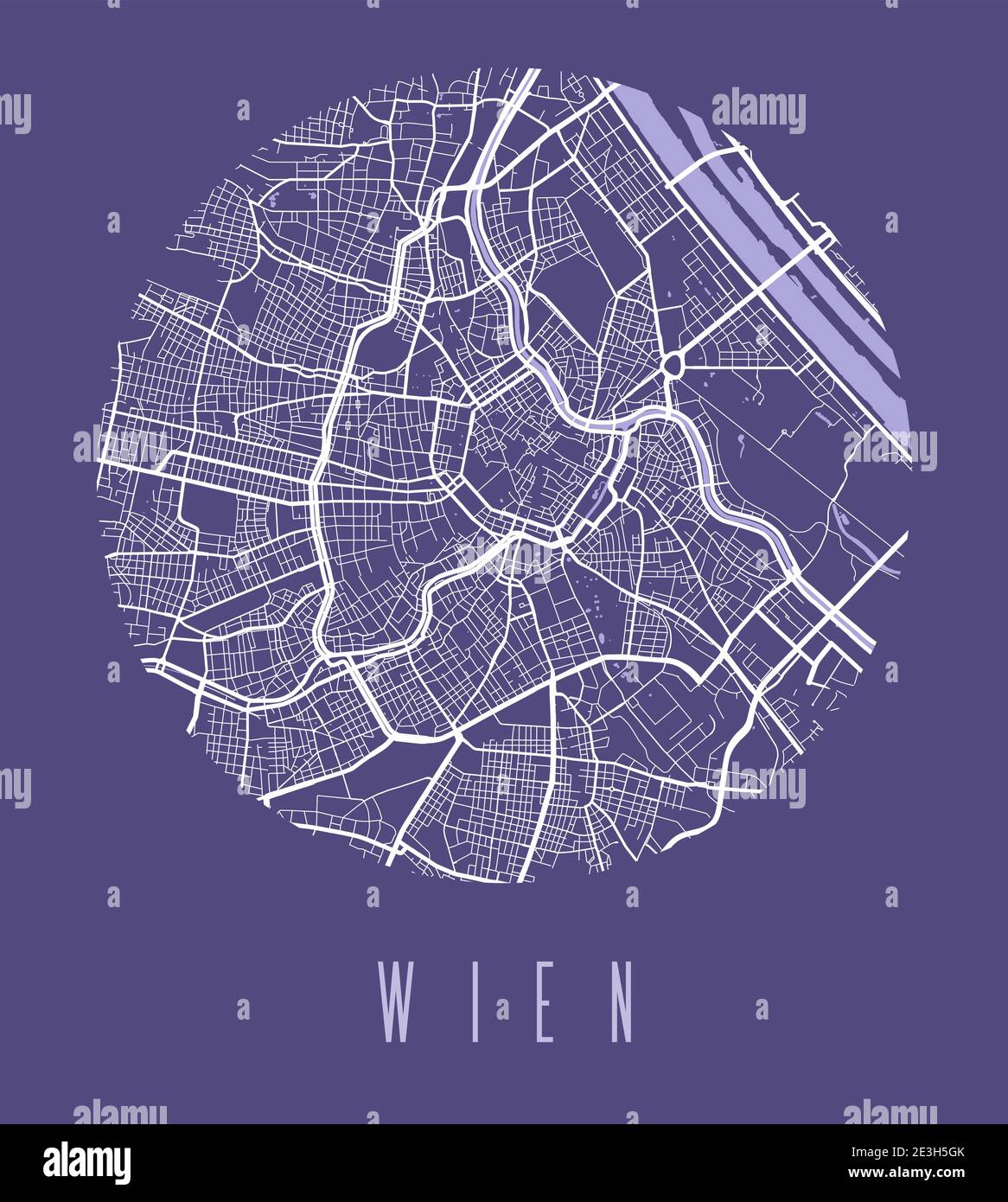 Poster della mappa di Vienna. Mappa della città di Vienna dal design decorativo. Paesaggio urbano aria panorama silhouette vista aerea, stile tipografico. Terra, fiume, autostrada Illustrazione Vettoriale