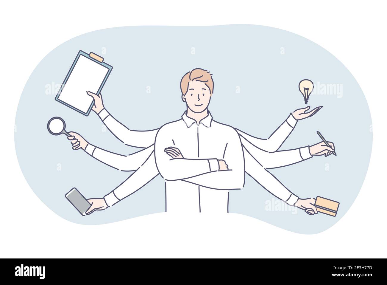 Multitasking, efficienza aziendale, concetto di gestione. Effettivo sovraccarico esecutivo uomo d'affari professionista impiegato competente responsabile carattere Illustrazione Vettoriale