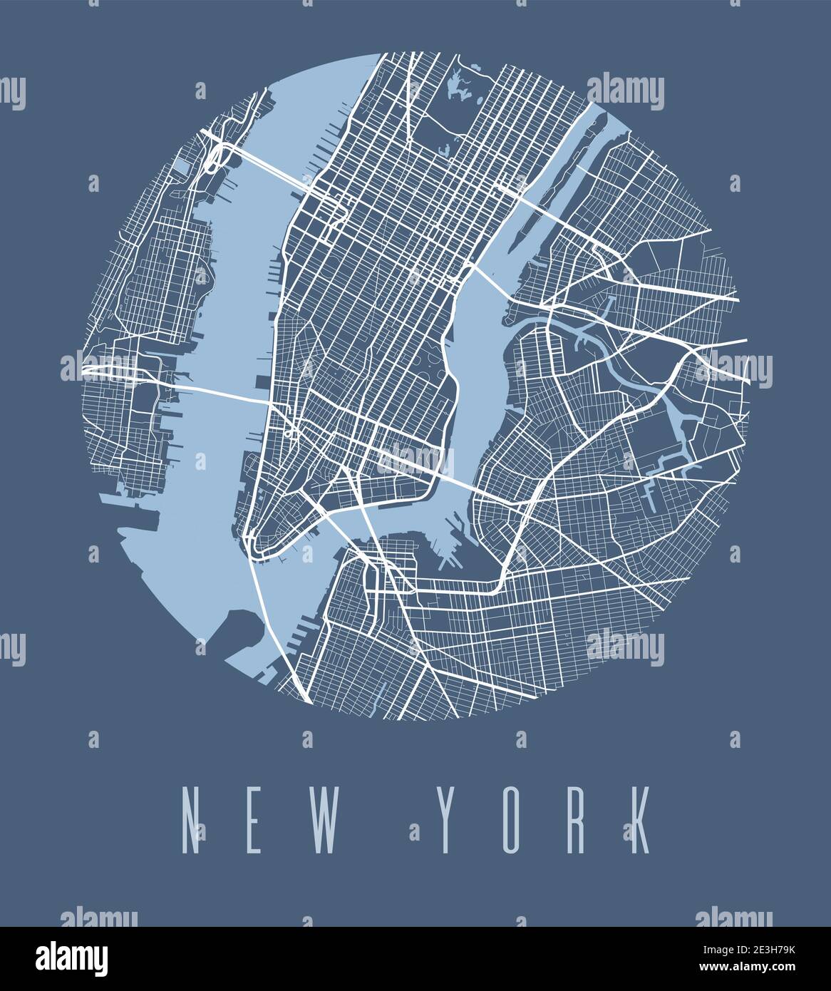 Poster della mappa di New York. Mappa di New York dal design decorativo. Paesaggio urbano aria panorama silhouette vista aerea, stile tipografico. Terra, fiume, Hig Illustrazione Vettoriale