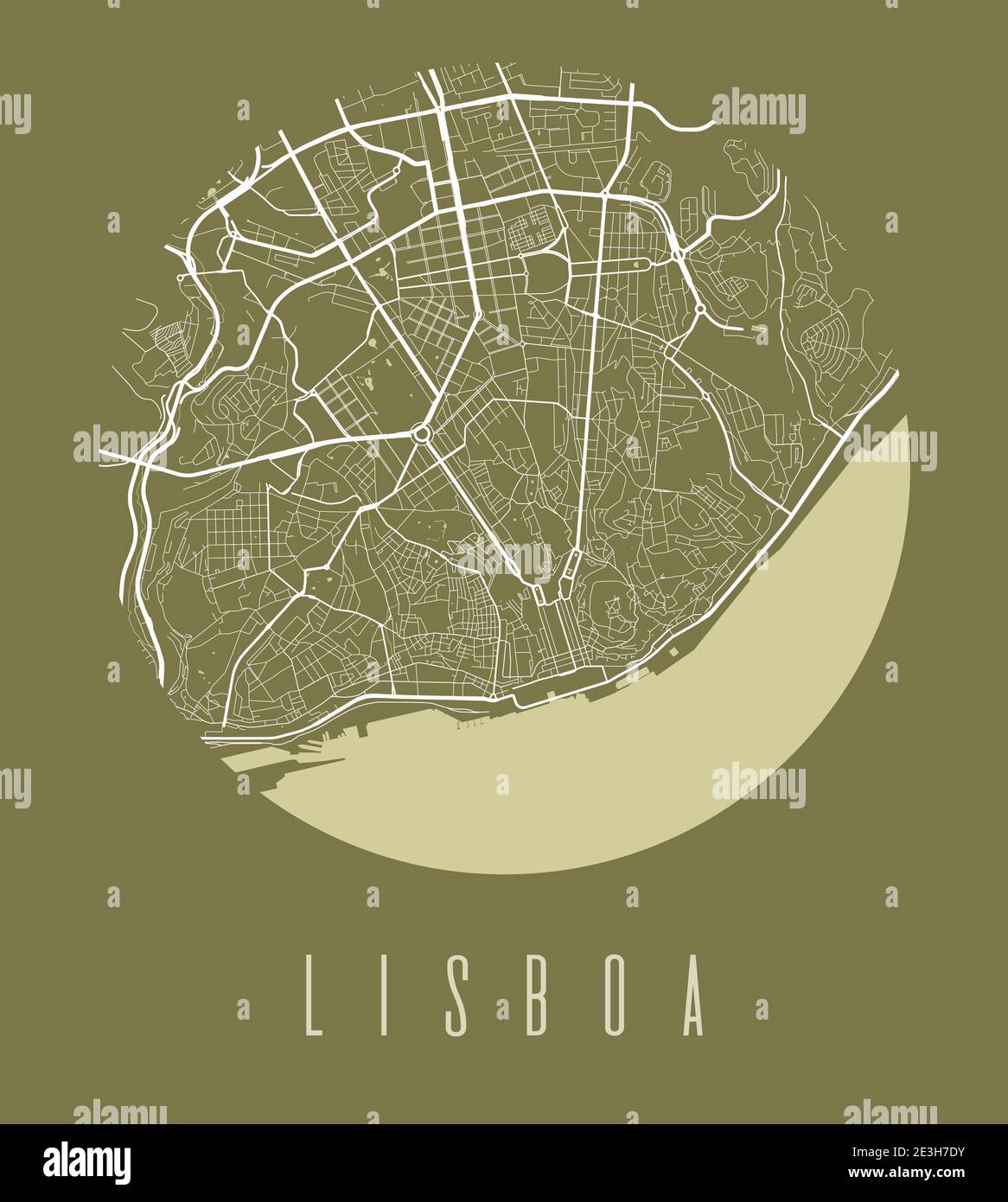 Poster della mappa di Lisbona. Mappa decorativa della città di Lisbona. Paesaggio urbano aria panorama silhouette vista aerea, stile tipografico. Terra, fiume, autostrada Illustrazione Vettoriale