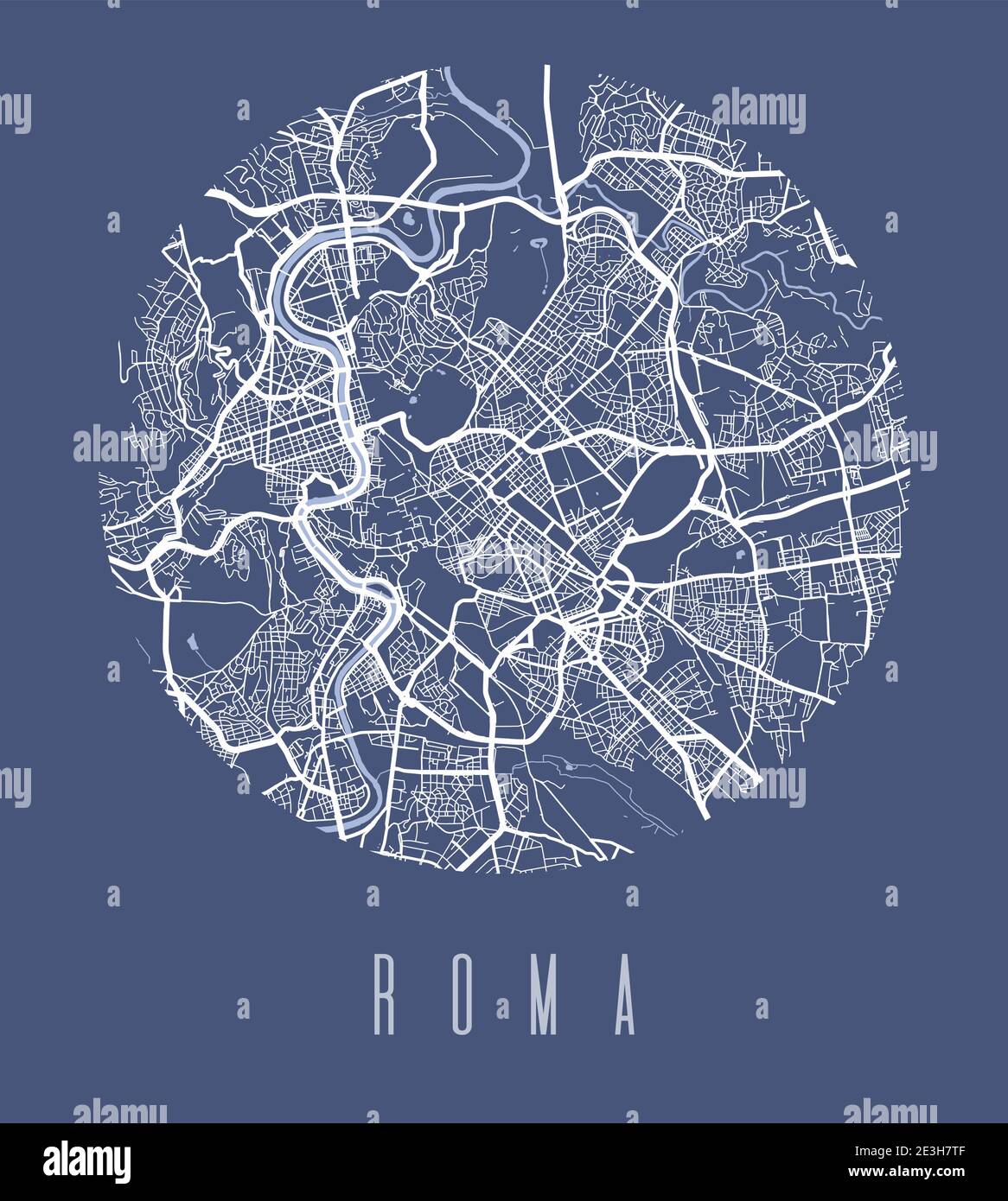 Poster della mappa di Roma. Mappa di Roma dal design decorativo. Paesaggio urbano aria panorama silhouette vista aerea, stile tipografico. Terra, fiume, autostrade, A. Illustrazione Vettoriale