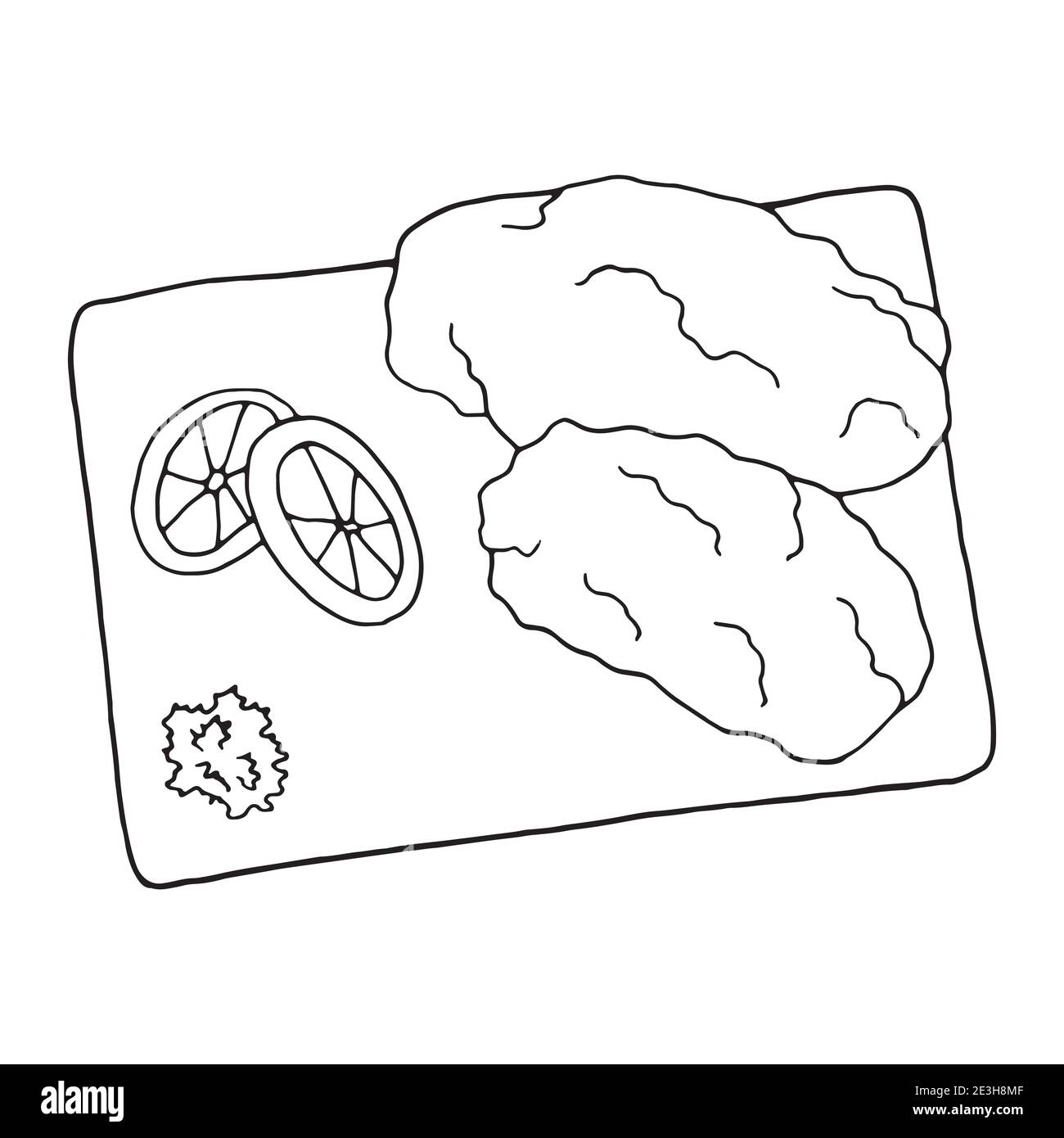 Vettore mano doodle schnitzel disegnato. Piatto di cucina tedesca. Progettare un elemento di schizzo per menu cafè, ristorante, etichetta e imballaggio. Illustrazione Illustrazione Vettoriale