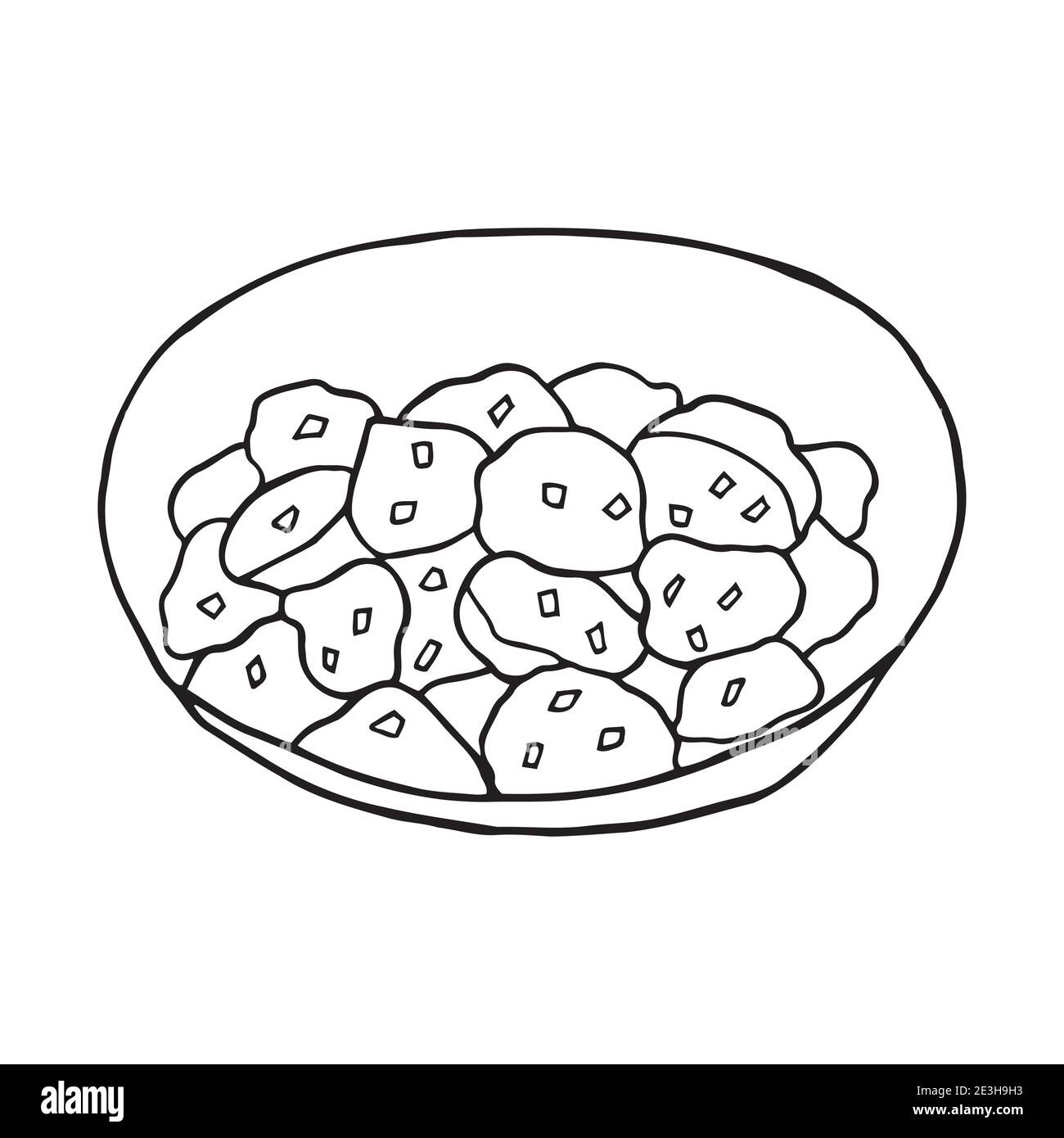 Vettore Doodle disegnato a mano Schwabischer kartoffelsalat. Piatto di cucina tedesca. Progettare un elemento di schizzo per menu cafè, ristorante, etichetta e imballaggio. Illustrazione Vettoriale