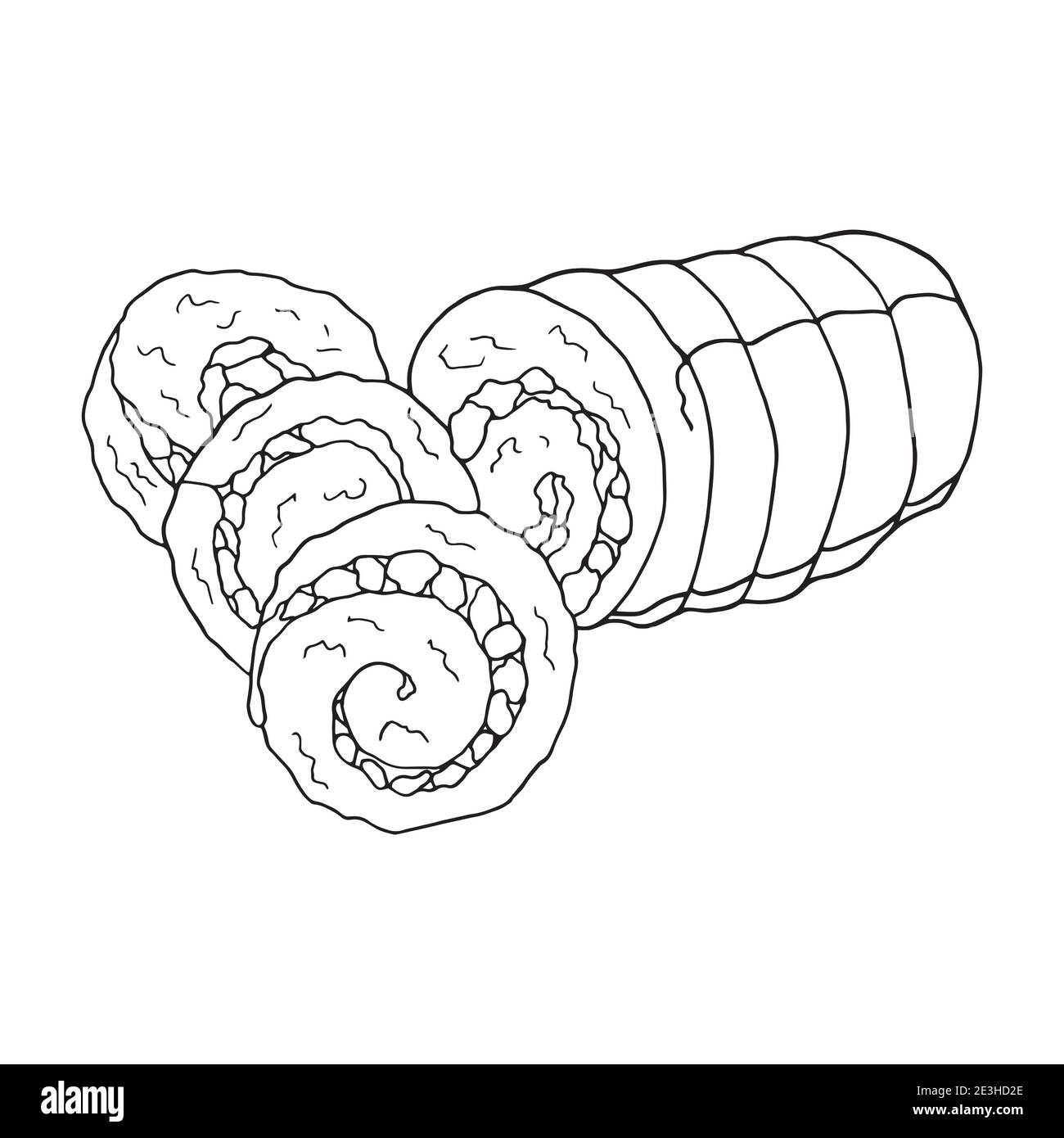 Vettore mano tirato doodle rouladen. Piatto di cucina tedesca. Progettare un elemento di schizzo per menu cafè, ristorante, etichetta e imballaggio. Illustrazione Illustrazione Vettoriale