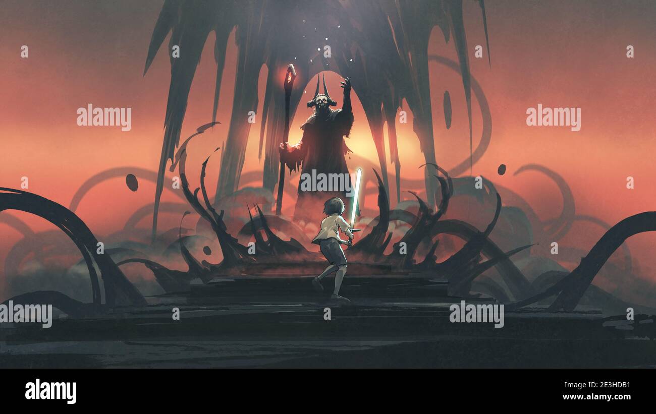bambino con una spada incandescente contro un mago, stile di arte digitale, pittura di illustrazione Foto Stock