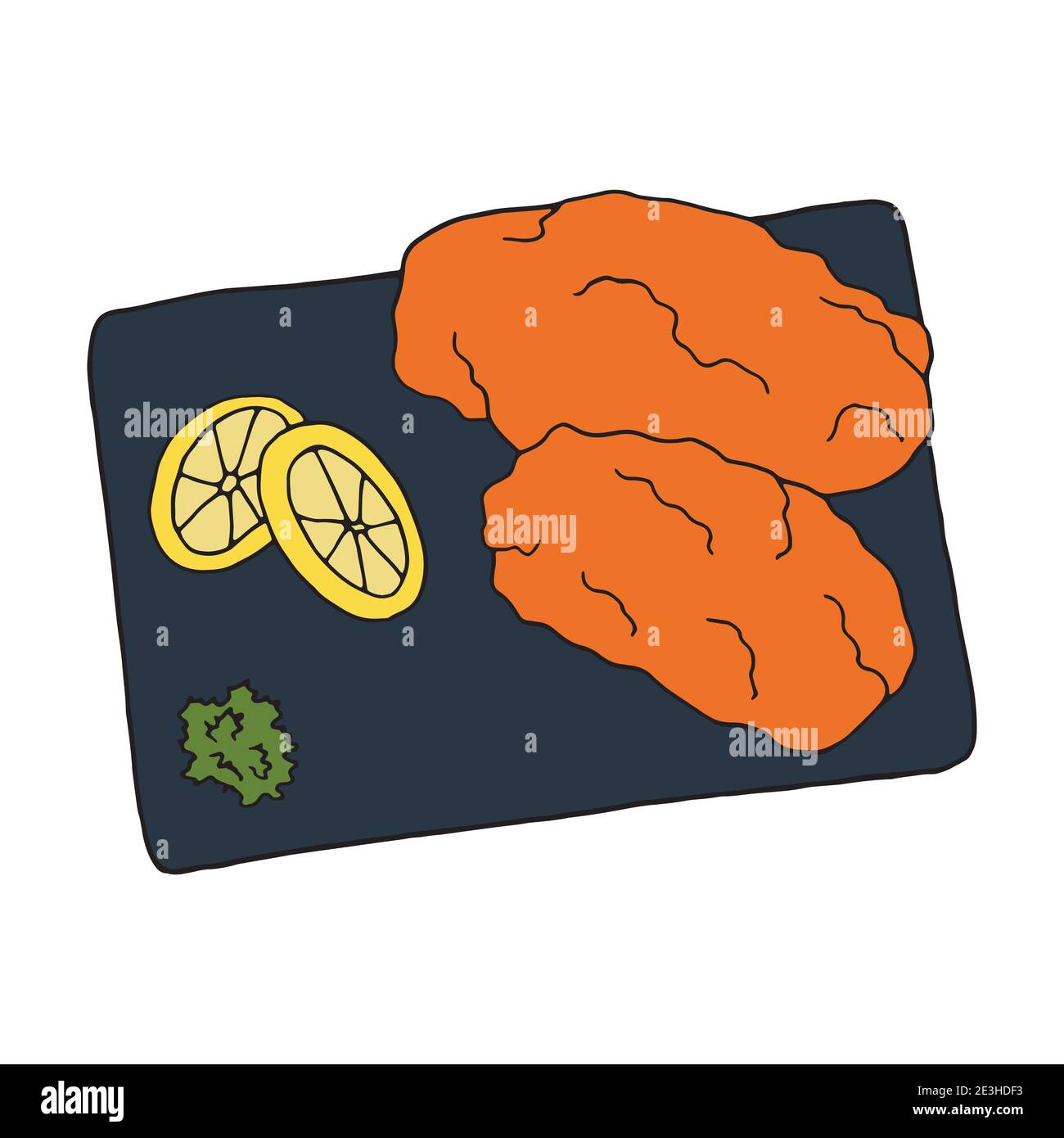Vettore mano doodle schnitzel disegnato. Piatto di cucina tedesca. Progettare un elemento di schizzo per menu cafè, ristorante, etichetta e imballaggio. Illustrazione colorata Illustrazione Vettoriale