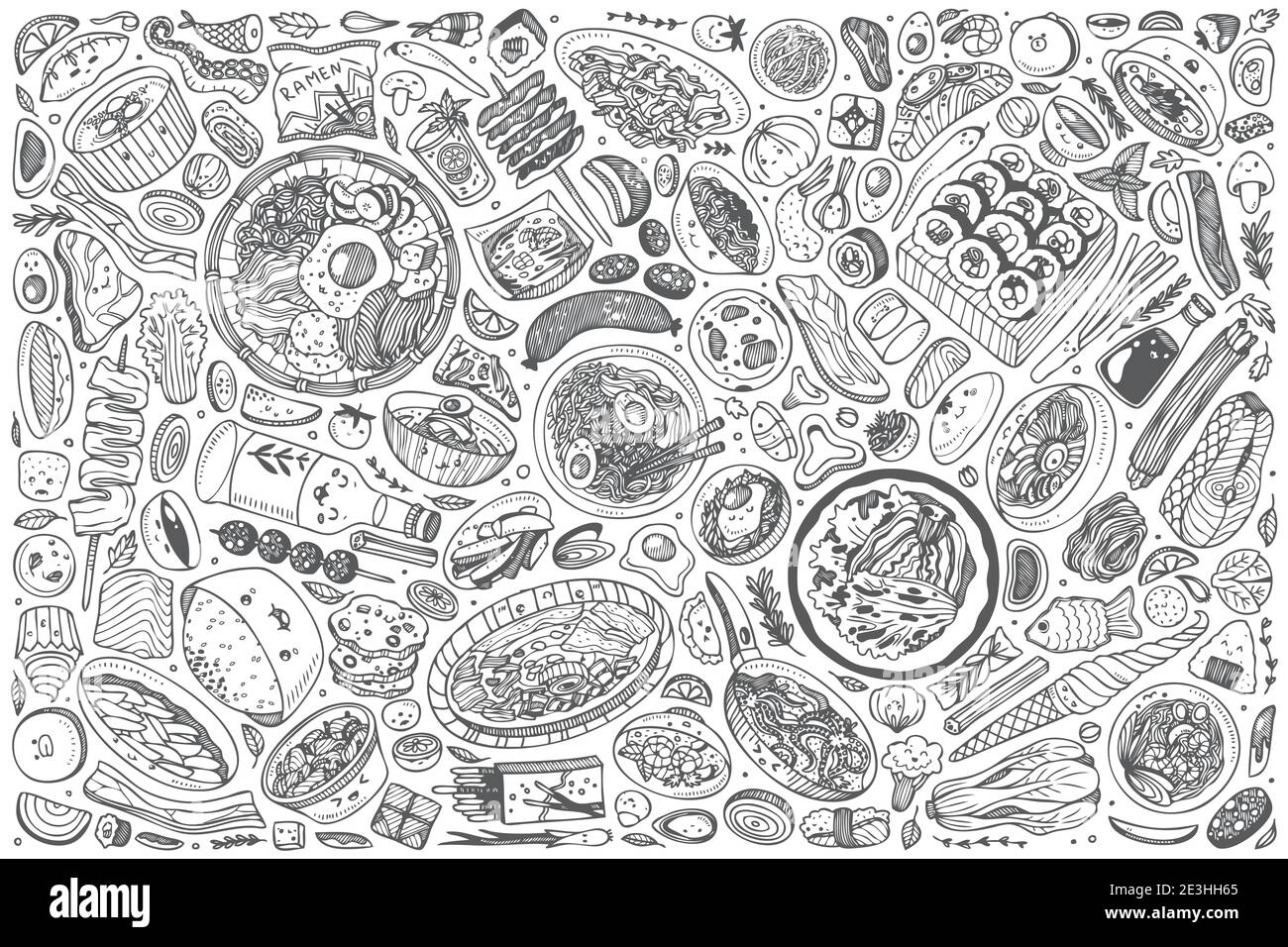 Set di alimenti coreani disegnati a mano Doodle vettore sfondo Illustrazione Vettoriale