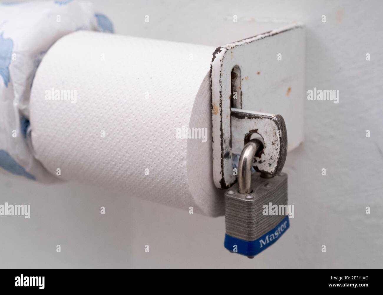 Rotolo di carta igienizzata bloccato in posizione con un lucchetto in una sala di riposo appena fuori dalla Bear Tooth Highway, Montana, USA. Foto Stock