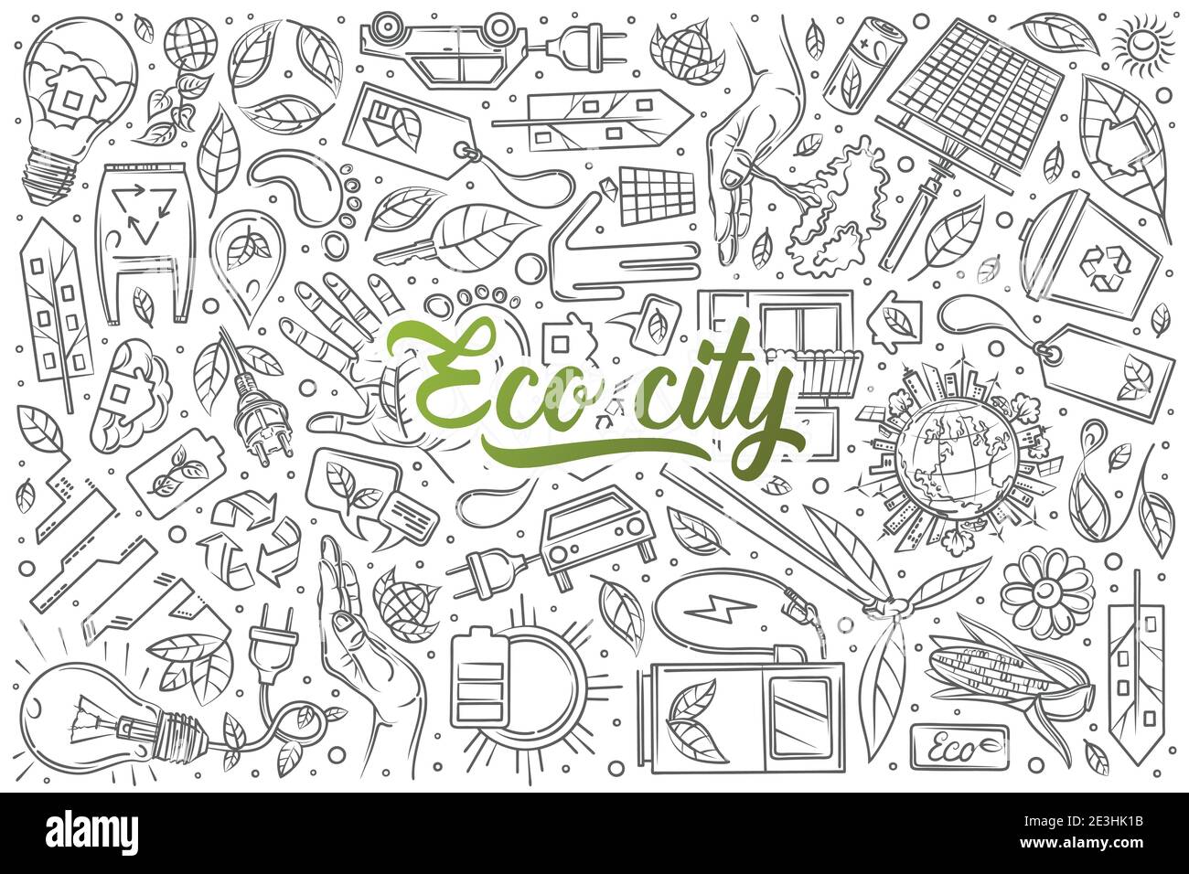 Mano disegnata eco città set doodle vettore illustrazione sfondo Illustrazione Vettoriale