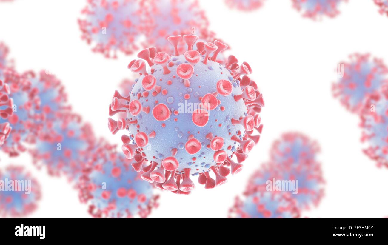 Coronavirus COVID-2019 nuovo concetto di coronavirus resposible per l'epidemia di influenza asiatica. Cellule virali su sfondo bianco Foto Stock
