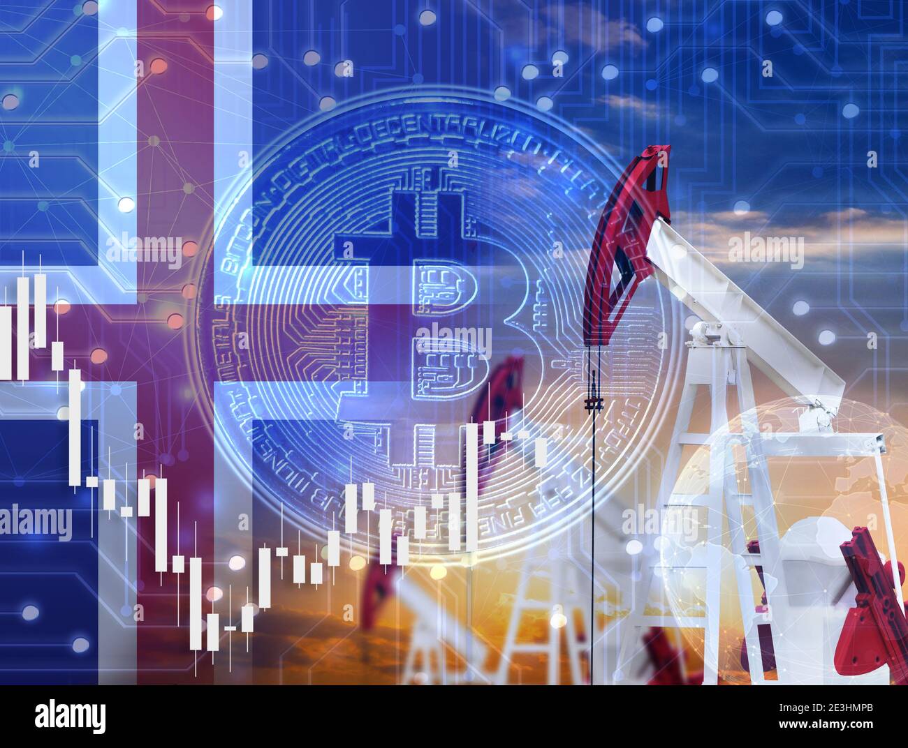 ologramma con criptovaluta bitcoin e grafico sullo sfondo di La bandiera dell'Islanda Foto Stock