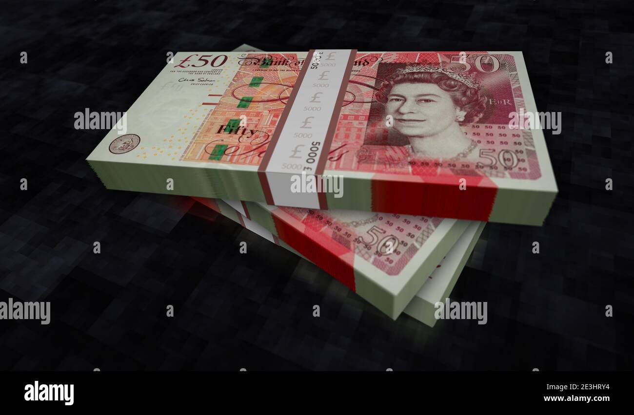 Illustrazione 3d del pacchetto di denaro Sterling. Pile di banconote da 50 GBP. Concetto di finanza, contanti, crisi economica, successo di affari, recessione, banca, Foto Stock