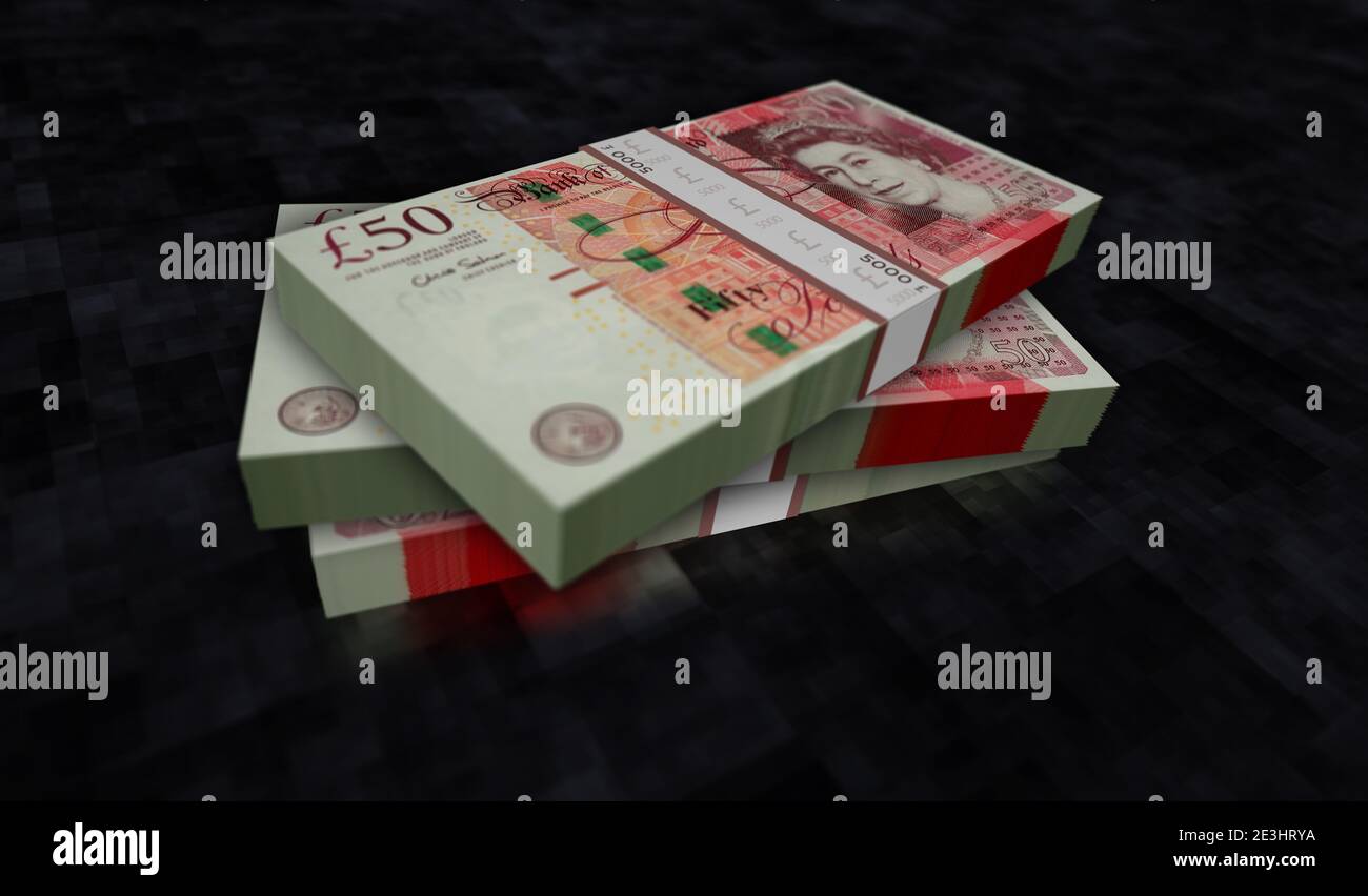 Illustrazione 3d del pacchetto di denaro Sterling. Pile di banconote da 50 GBP. Concetto di finanza, contanti, crisi economica, successo di affari, recessione, banca, Foto Stock
