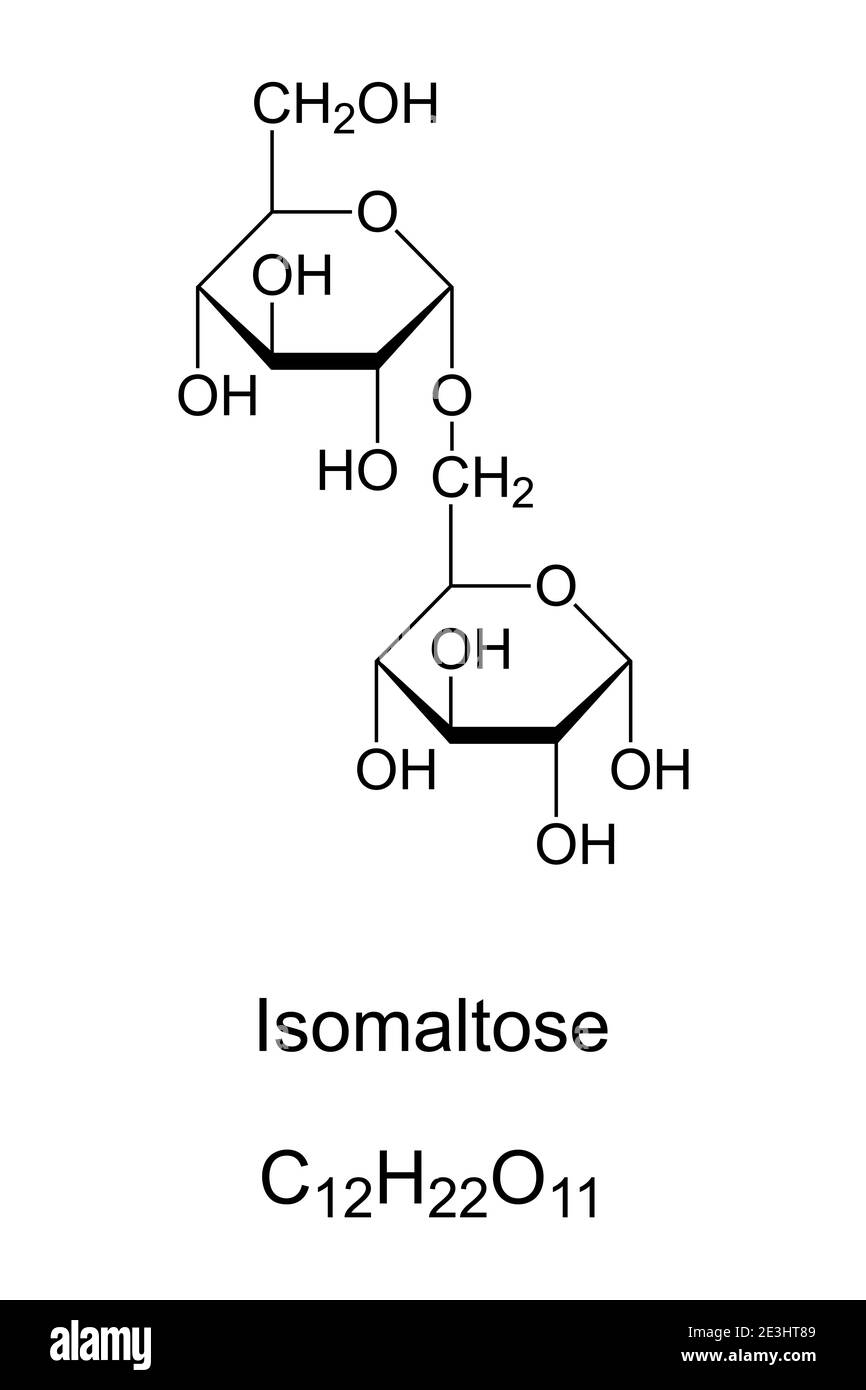 Isomaltosio, struttura chimica. Disaccaride, simile al maltosio, piranosio e zucchero riducente. Prodotto di caramellizzazione del glucosio. Foto Stock