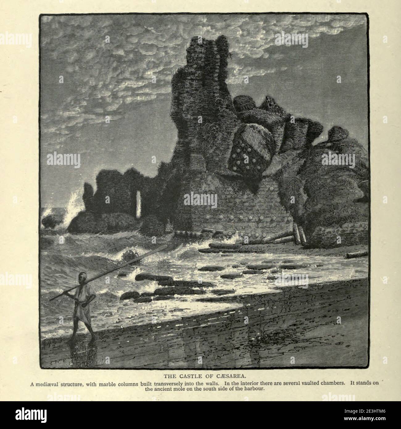 IL CASTELLO DI CESAREA. Una struttura medieval, con colonne di marmo costruite trasversalmente nelle pareti. All'interno ci sono diverse camere a volta. Sorge sull'antica mole sul lato sud del porto. Incisione in legno di 'pittoresca Palestina, Sinai ed Egitto' di Wilson, Charles William, Sir, 1836-1905; Lane-Poole, Stanley, 1854-1931 Volume 3. Pubblicato in da J. S. Virtue e Co 1883 Foto Stock