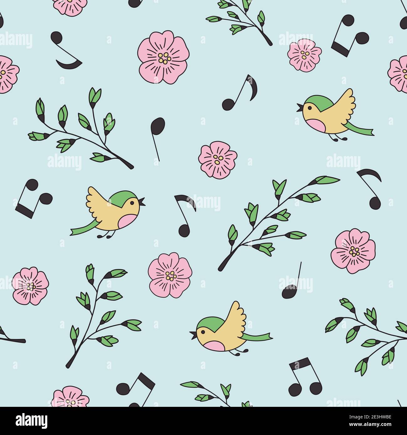 Modello senza cuciture primaverili con sakura e uccelli in stile doodle Illustrazione Vettoriale