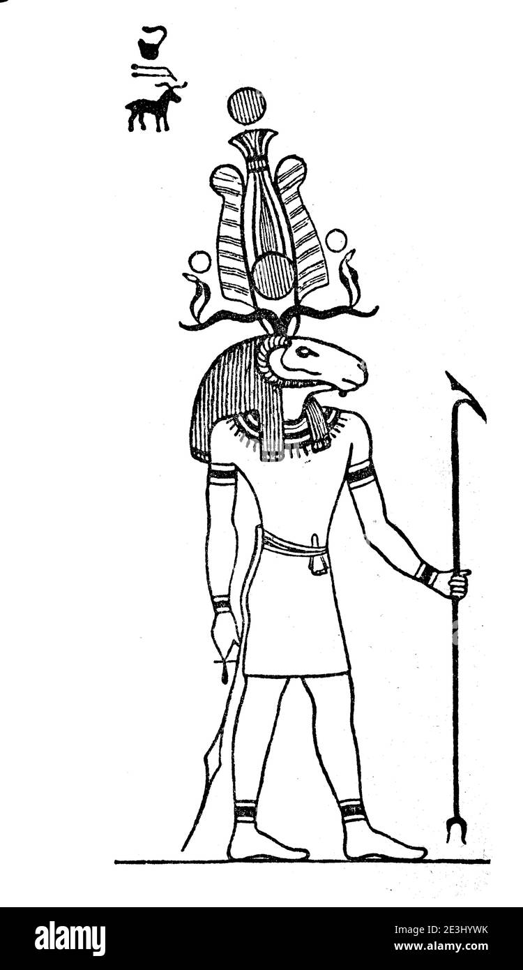 Chnum, Chenemu, è un antico dio egiziano, Dio creatore con testa di montone / Chnum, Chenemu, ist ein altägyptischer Gott, Widderköpfiger Schöpfergott, Historisch, storico, digitale riproduzione migliorata di un originale del 19 ° secolo / digitale Reproduktion einer Originalvollage aus dem 19. Jahrhundert, Foto Stock