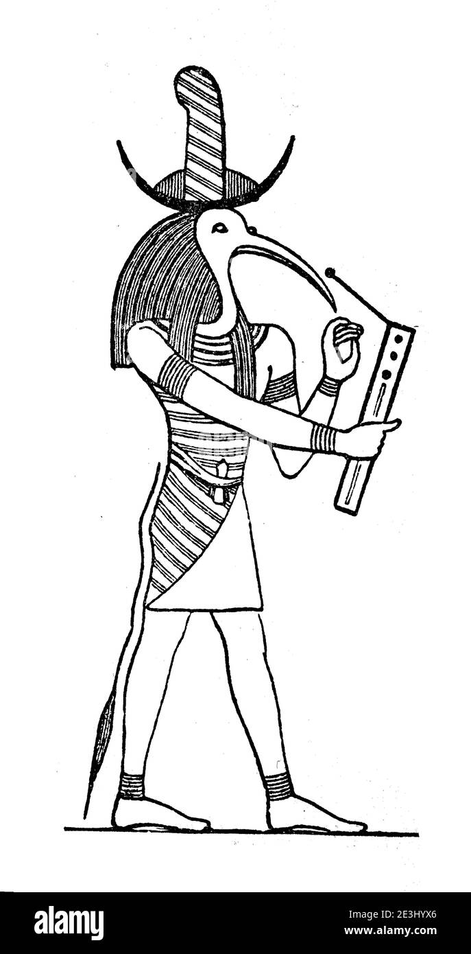 Thot, Thoth, Tehut, Tahuti, nella mitologia egiziana il dio della luna, la magia, la scienza, gli scribi, la saggezza e il calendario / Thot, Thoth, Tehut, Tahuti, in der ägyptischen Mythologie der ibisköpfige oder paviangestaltige Gott des Mondes, der Magie, Wissenshechit, Kalisder des Historier, Kalisder des Historier, Kalisder des Storico, digitale riproduzione migliorata di un originale del 19 ° secolo / digitale Reproduktion einer Originalvollage aus dem 19. Jahrhundert, Foto Stock