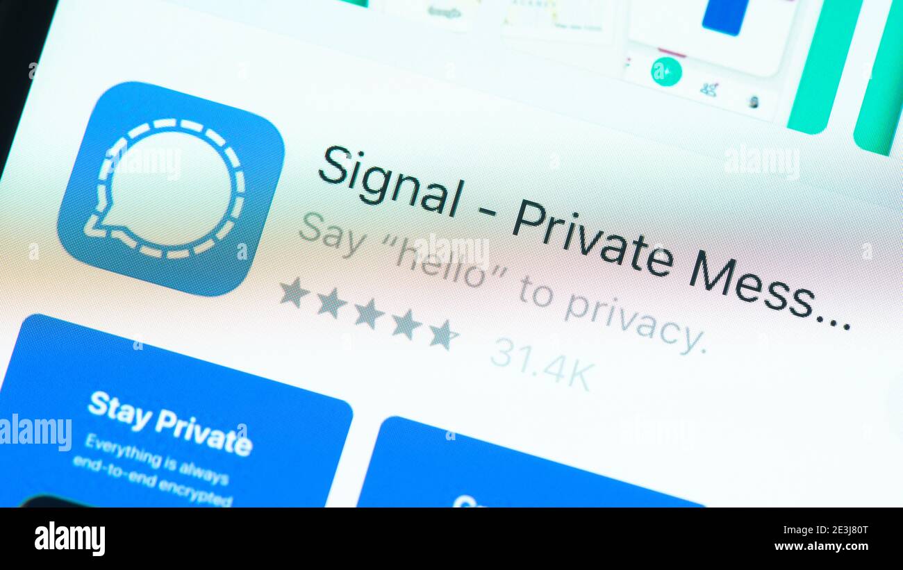Pagina dell'app Signal nell'App Store sullo schermo dell'iPhone Apple. Signal è un servizio di messaggistica crittografato. Foto Stock