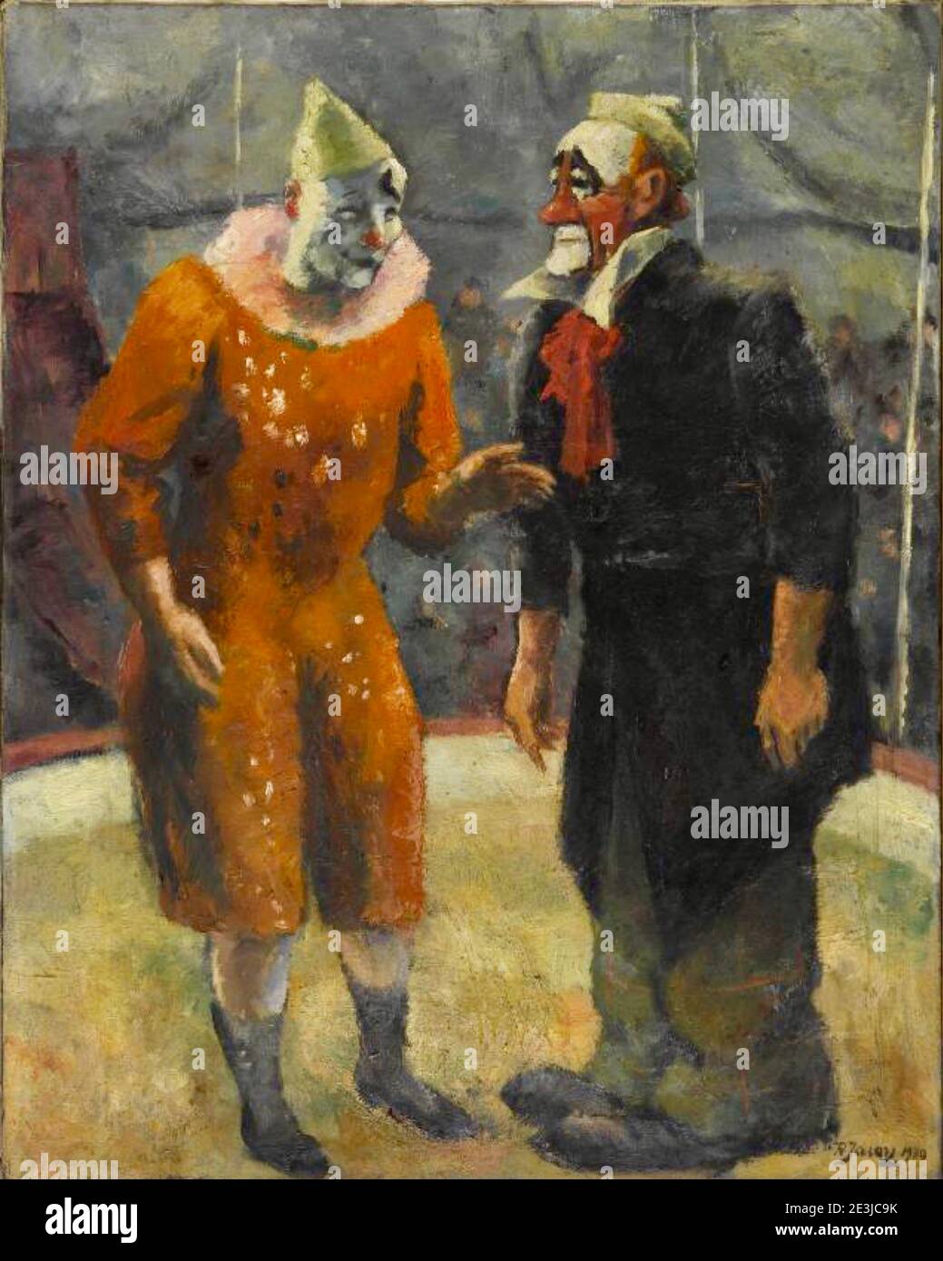 Opere d'arte Jarosz Romane dal titolo Clowns dal 1920. Due clown interagiscono nell'anello del circo, Foto Stock