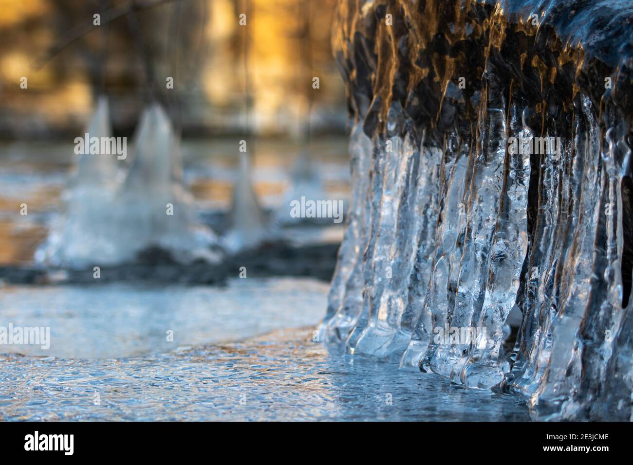 Primo piano di icicles appesi a radici, rami e rocce che si formavano accanto a un ruscello. Foto Stock