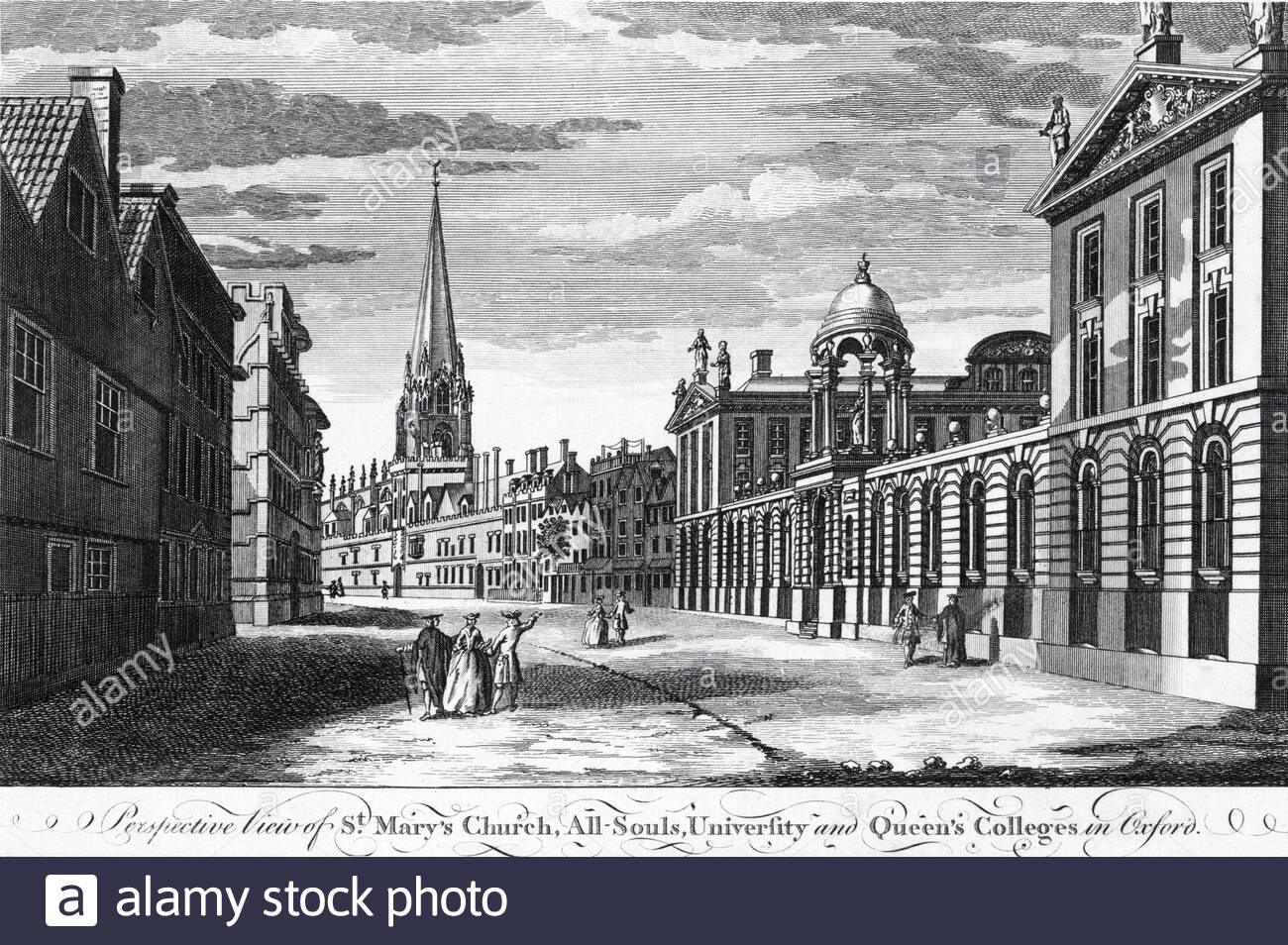 Vista della Chiesa di St Mary, dell'Università All Souls e del Queens Colleges, Oxford England, illustrazione d'epoca del XIX secolo Foto Stock