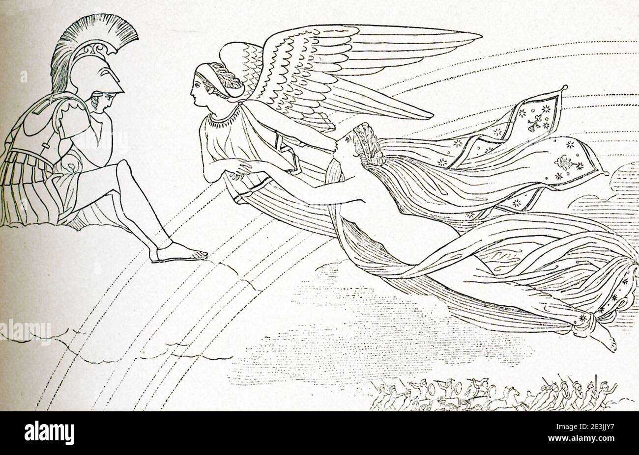 Disegni di Flaxman che illustrano Venere Iliade di Omero ferita condotta da Iris a Marte. Diomed gettò la lancia contro Marte. Questa scena è uno dei numerosi disegni che lo scultore e disegnatore inglese John Flaxman (1755–1826) fece per illustrare i passaggi dell'epico poeta greco Omero, Iliade e Odyssey, una commissione che gli era stata data da Georgiana Hare-Naylor mentre viveva a Roma. Rappresenta Venere ferita e condotta da Iris a Marte. È stato fatto 1793. Foto Stock