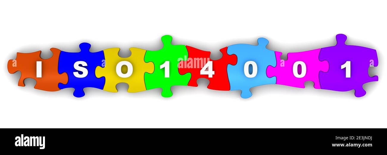 ISO 14001 abbreviazione di puzzle. L'abbreviazione ISO 14001 (definisce i criteri per un sistema di Gestione ambientale - EMS) su puzzle colorati Foto Stock