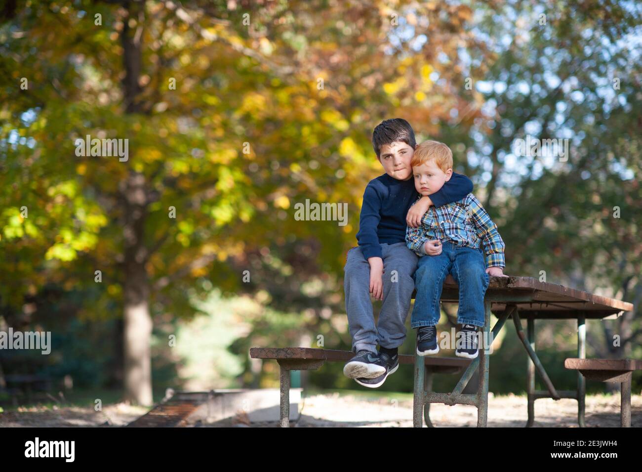 Il fratello maggiore mette il braccio attorno al fratello minore seduto tavolo da picnic Foto Stock